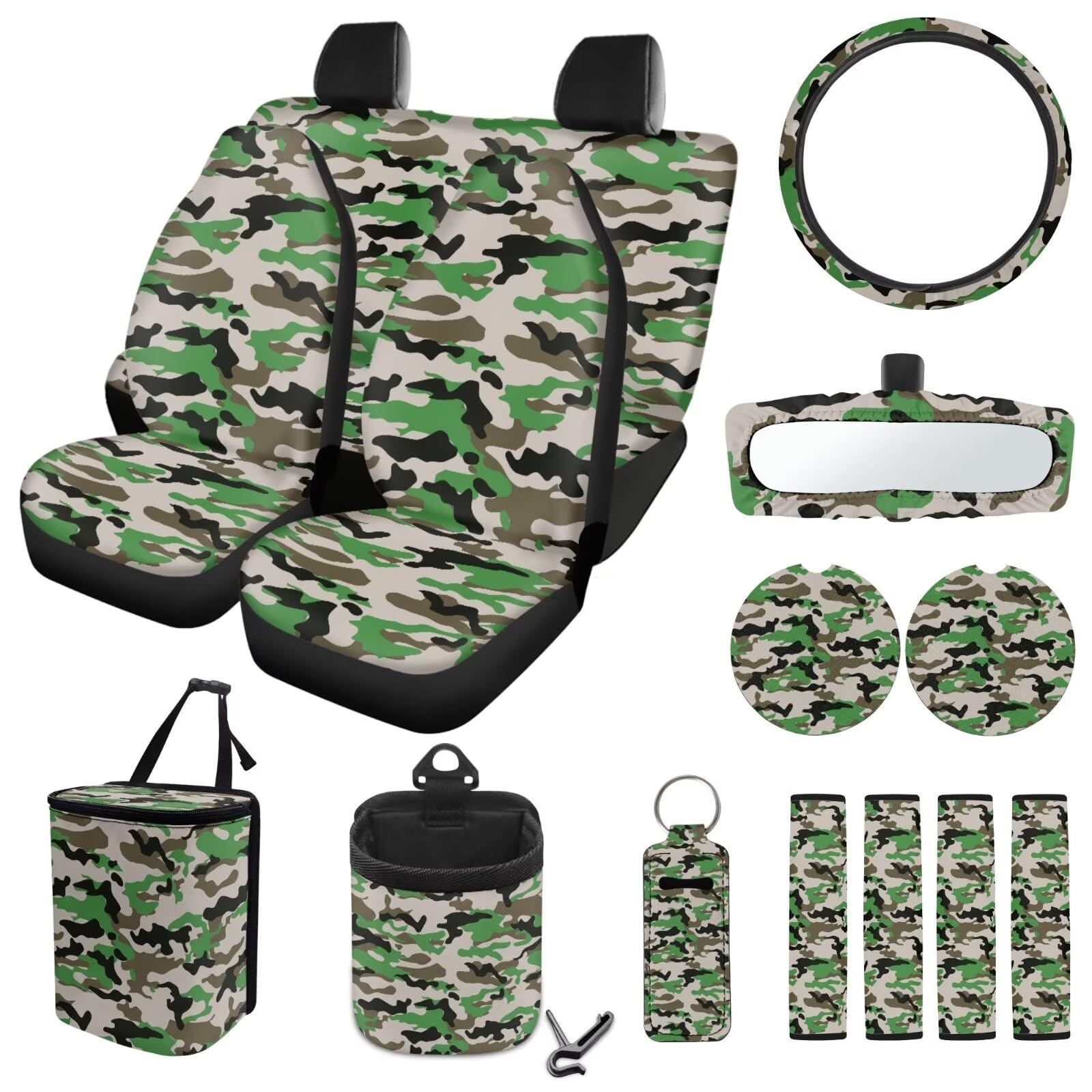 ZIATUBLES Autositzbezüge, komplettes Set für Herren, mit Lenkradbezug, Gurtpolster, Mülleimer, Aufbewahrungstasche, Rückspiegelbezug, Camouflage-Grün, Druck, Untersetzer, Lippenstiftbezug, 15-teilig von ZIATUBLES