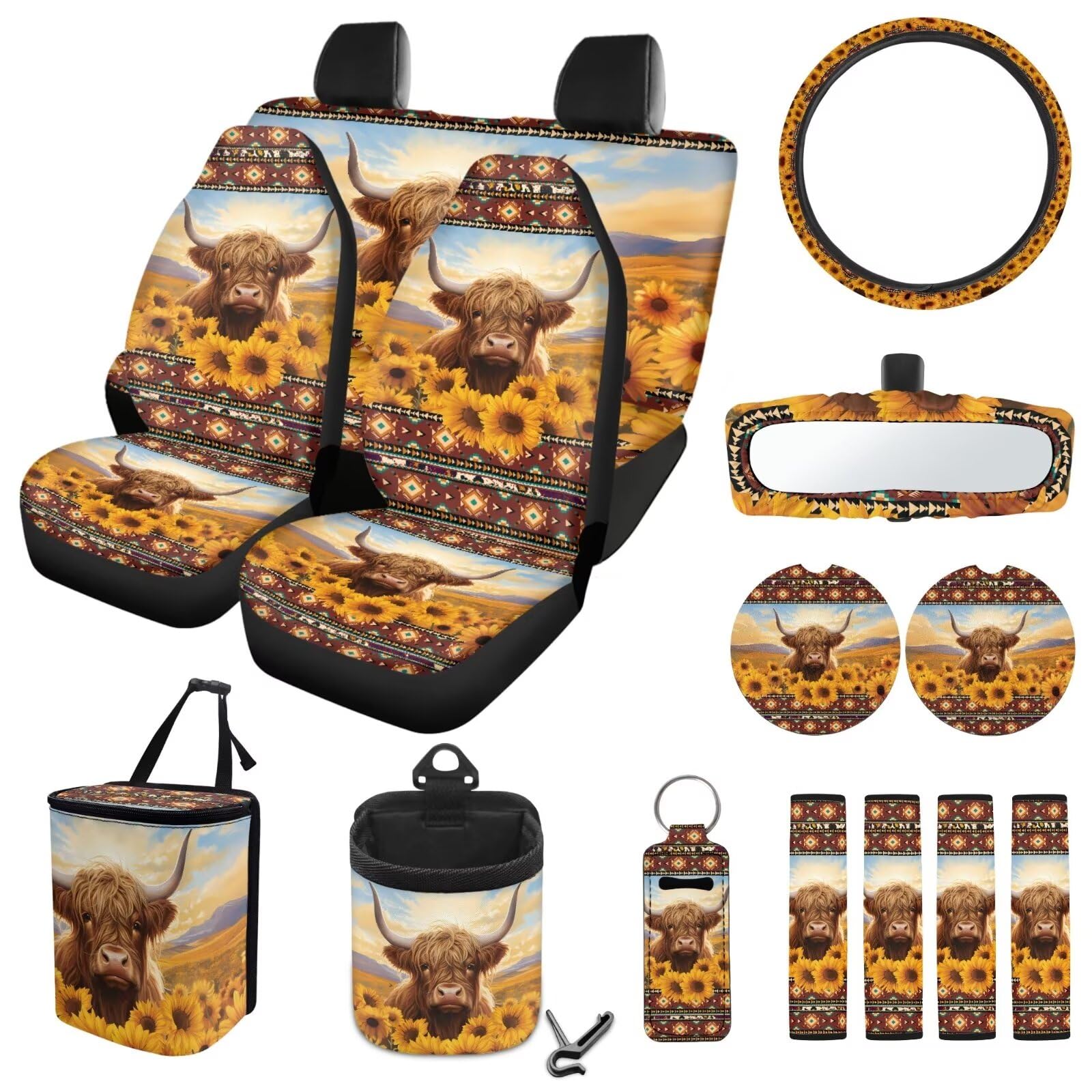 ZIATUBLES Autositzbezüge, komplettes Set mit Highland-Kuh, Sonnenblumen-Druck, Lenkradbezug, Sicherheitsgurtpolster, Mülleimer, Lüftungsschlitz, Aufbewahrungstasche, Untersetzer, Rückspiegelschutz, von ZIATUBLES