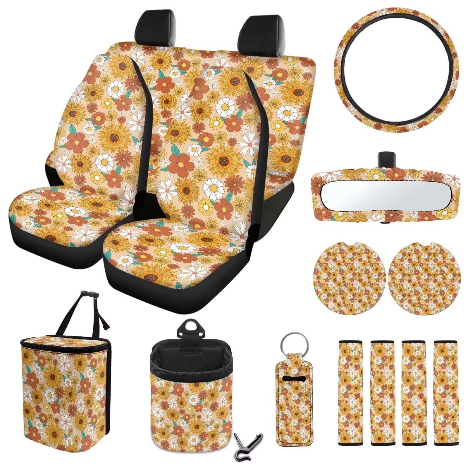 ZIATUBLES Autositzbezüge, komplettes Set mit Lenkradbezug, Sicherheitsgurtpolster, Mülleimer, Lüftungsschlitz, Aufbewahrungstasche, Retro, Gänseblümchen, Sonnenblumen-Druck, Untersetzer, von ZIATUBLES