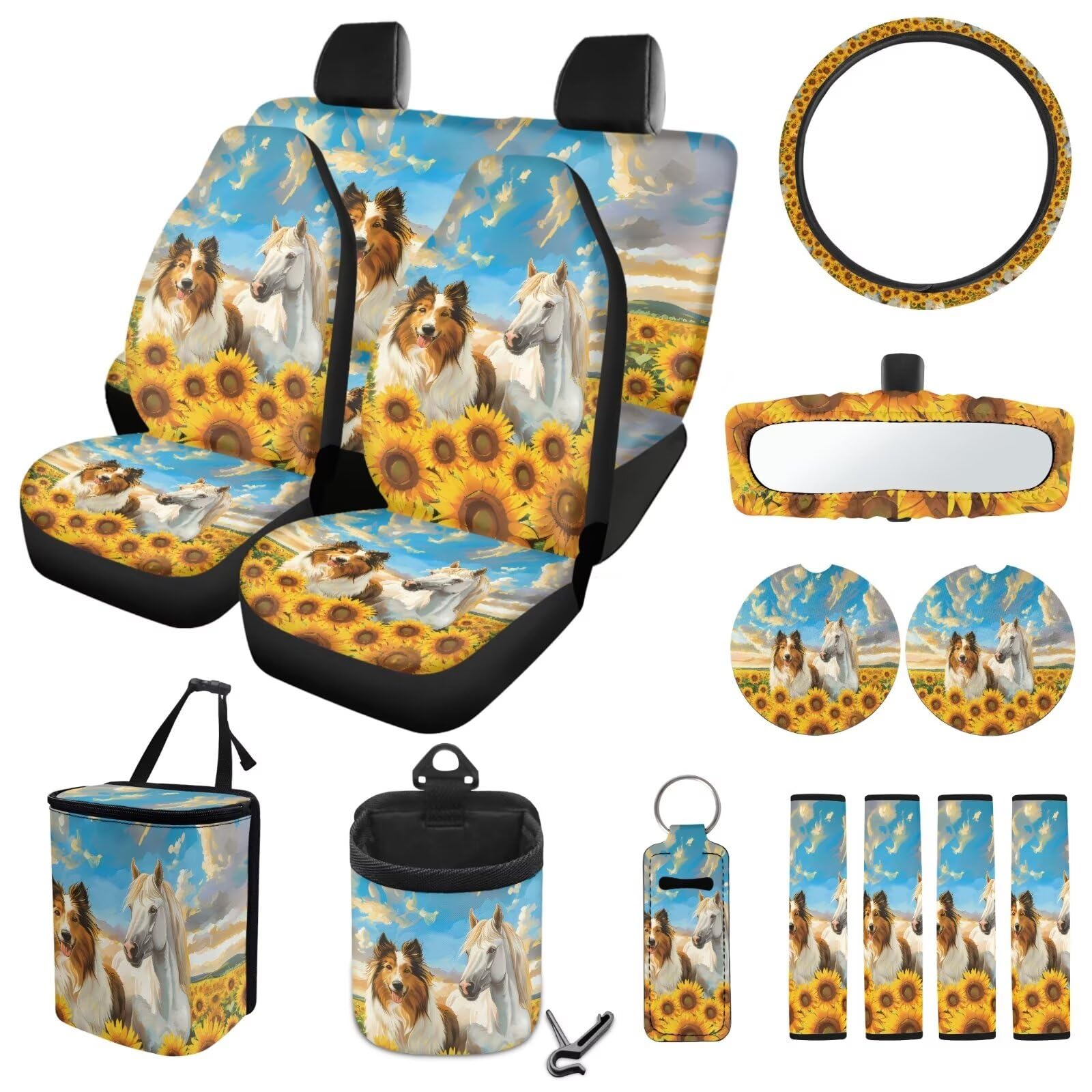 ZIATUBLES Autositzbezüge, vollständiges Set mit Lenkradbezug, Sicherheitsgurtpolster, Sonnenblume, Pferd, Hundeaufdruck, Mülleimer, Lüftungsschlitz, Aufbewahrungstasche, Untersetzer, von ZIATUBLES