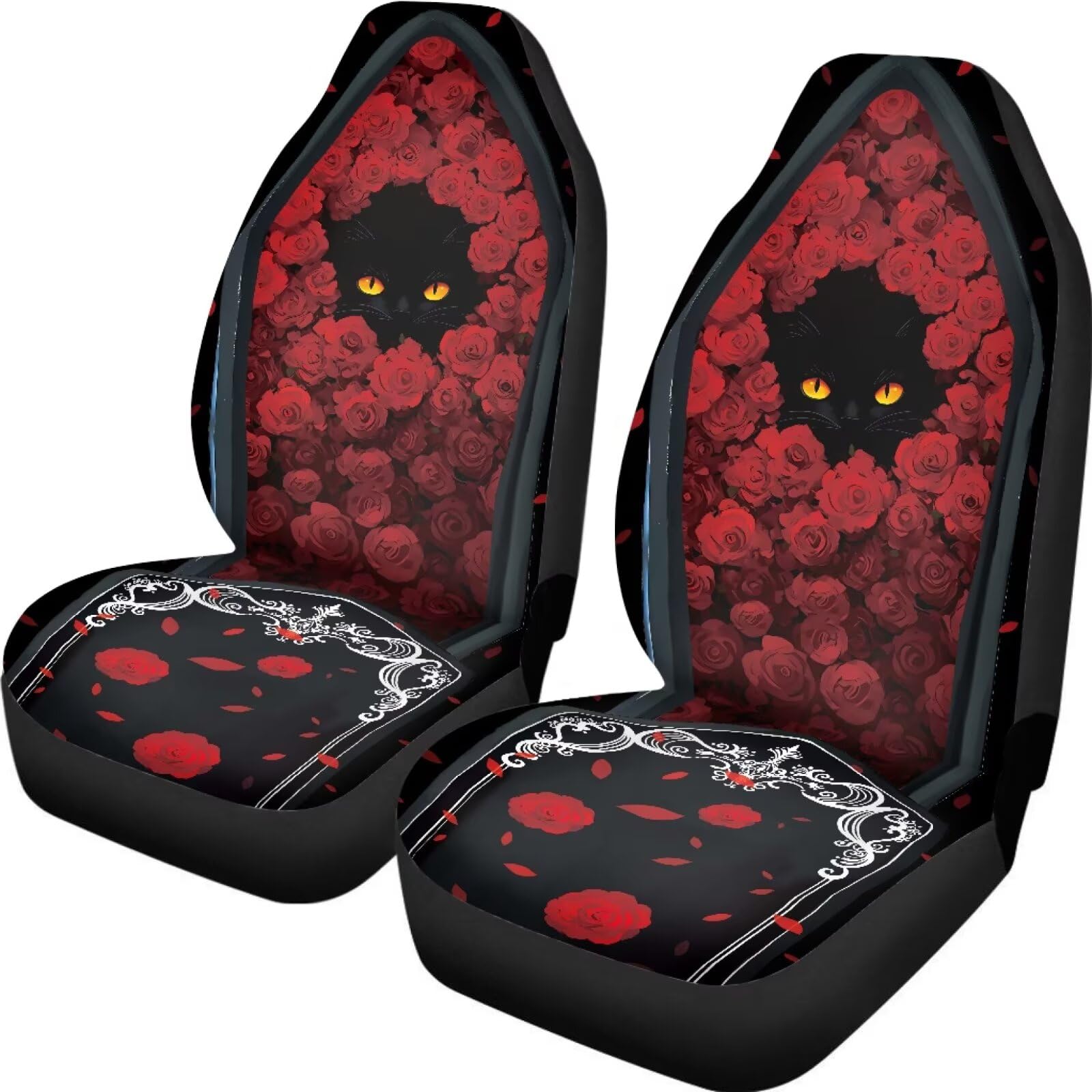 ZIATUBLES Autositzbezüge für Vordersitze, Autozubehör für Damen und Herren, atmungsaktiv, für den Innenraum, dekorativ für Limousine, schwarze Katze, rote Rose, 2 Stück von ZIATUBLES