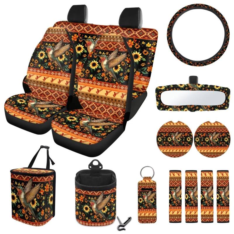 ZIATUBLES Autositzbezüge mit Aztekenmuster, Sonnenblumen, Kolibri-Druck, komplettes Set mit Lenkradbezug, Sicherheitsgurtpolster, Mülleimer, Lüftungsschlitz, Aufbewahrungstasche, Untersetzer, von ZIATUBLES