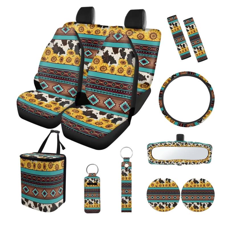 ZIATUBLES Autositzbezüge mit Aztekenmuster, Sonnenblumenkuh-Druck, komplettes Set mit Lenkradbezug, Sicherheitsgurtpolster, Mülleimer, Rückspiegelabdeckung, Untersetzer, Innendekoration, 13-teilig von ZIATUBLES