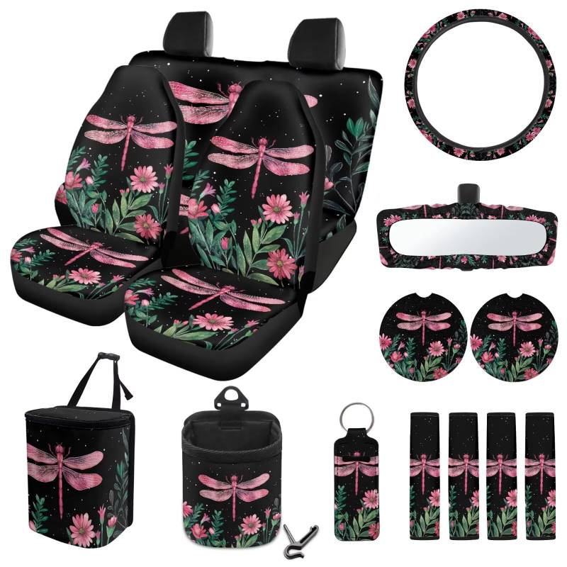 ZIATUBLES Autositzbezüge mit Blumen-Dreagonfly-Druck, komplettes Set, Lenkradbezug, Sicherheitsgurtpolster, Untersetzer, Mülleimer, hängende Aufbewahrungstasche, Rückspiegelabdeckung, von ZIATUBLES