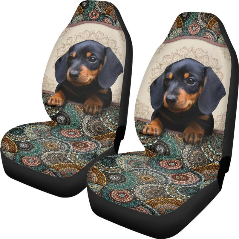 ZIATUBLES Autositzbezüge mit Dachshund, Boho-Mandala-Druck, nur für Vordersitze mit hoher Rückenlehne, universelle Passform, Allwetter-Fahrzeug-Sitzbezug, Schonbezüge für SUV, LKW, Limousine von ZIATUBLES