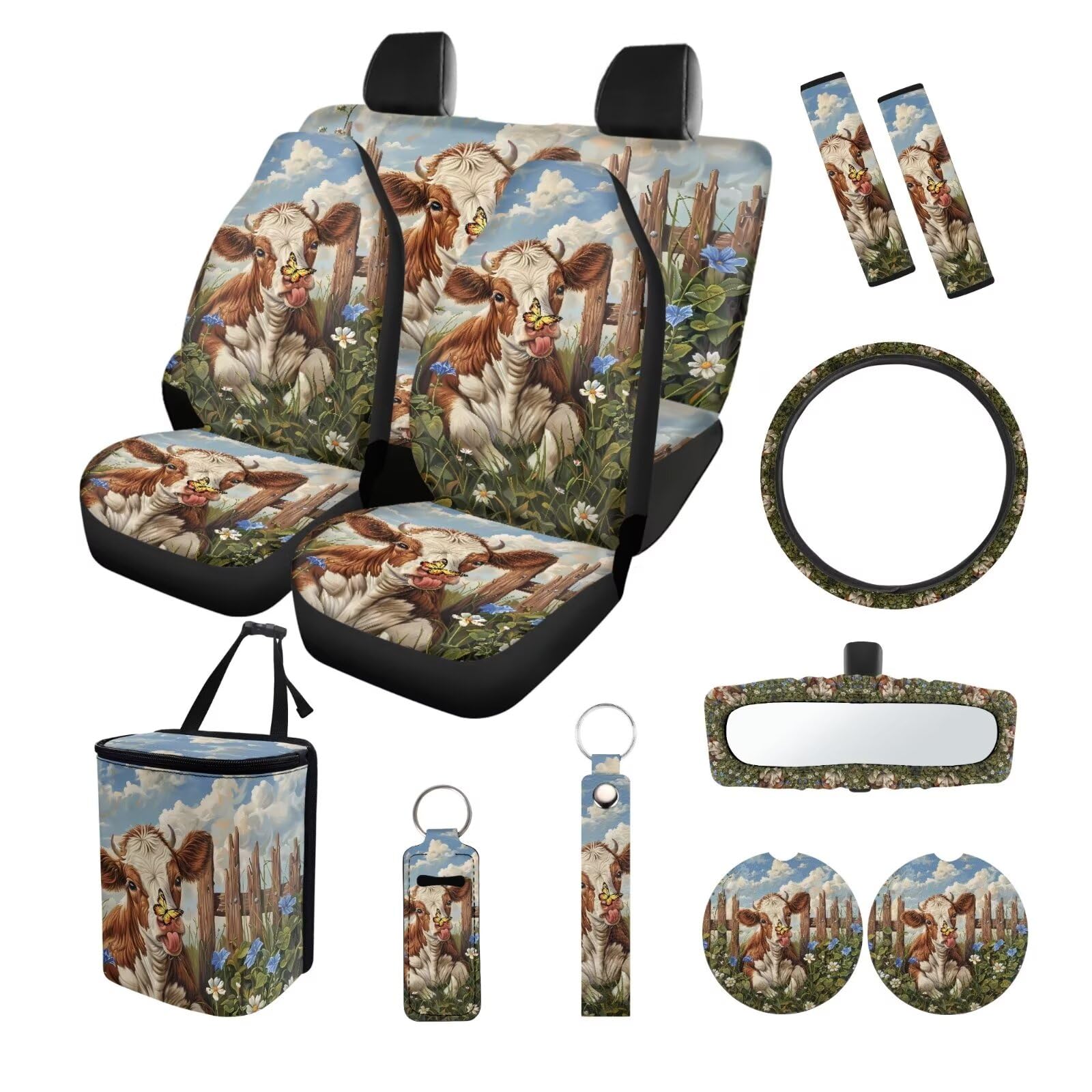 ZIATUBLES Autositzbezüge mit Gänseblümchen-Blumendruck, 13-teilig, komplettes Set mit Lenkradbezug, Sicherheitsgurtpolster, Mülleimer, Rückspiegel-Abdeckung, Untersetzer, PU, Schlüsselanhänger, von ZIATUBLES