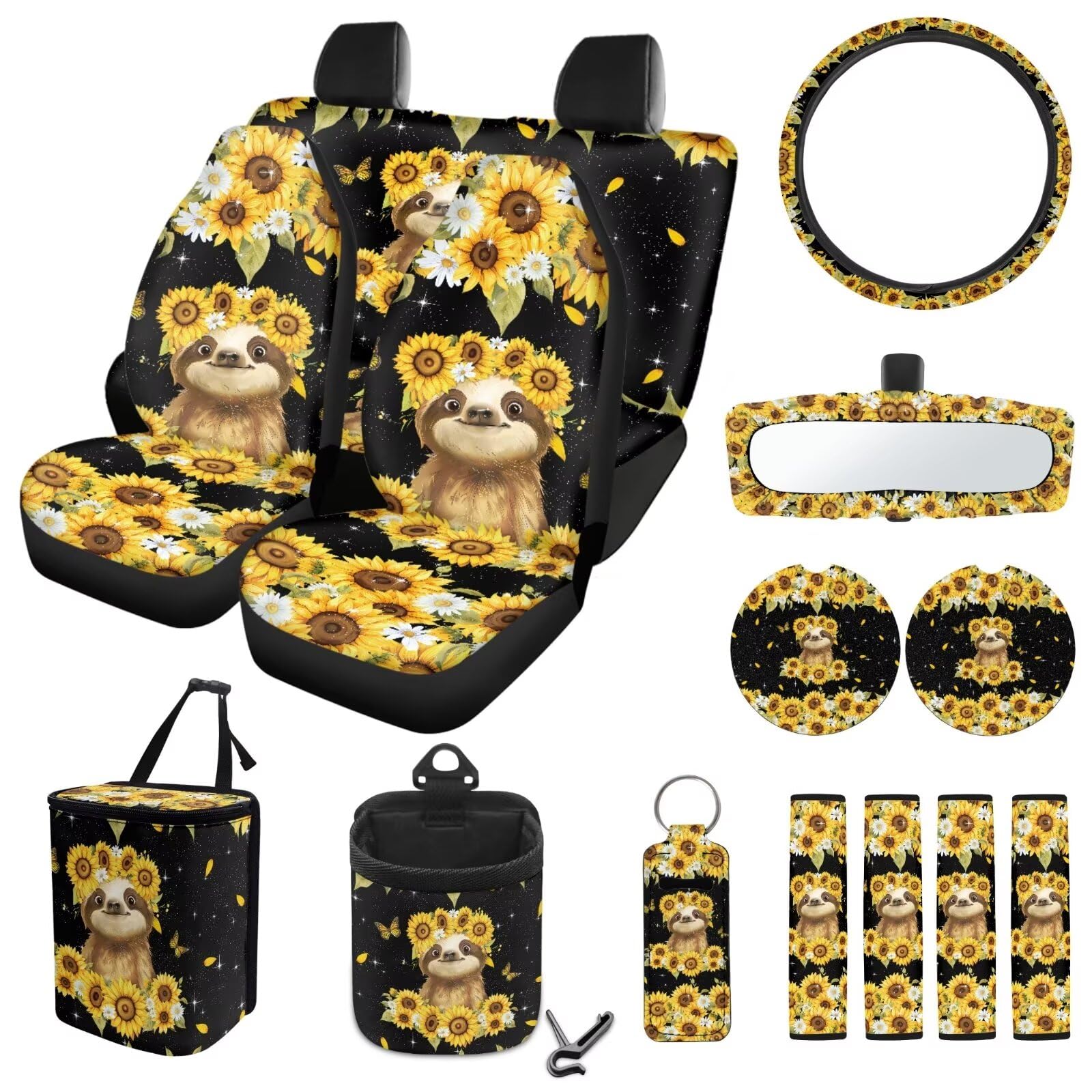 ZIATUBLES Autositzbezüge mit Sonnenblumen-Faultier-Druck, komplettes Set für Damen, Lenkradbezug, Gurtpolster, Tassenuntersetzer, Mülleimer, hängende Aufbewahrungstasche, Rückspiegel, von ZIATUBLES