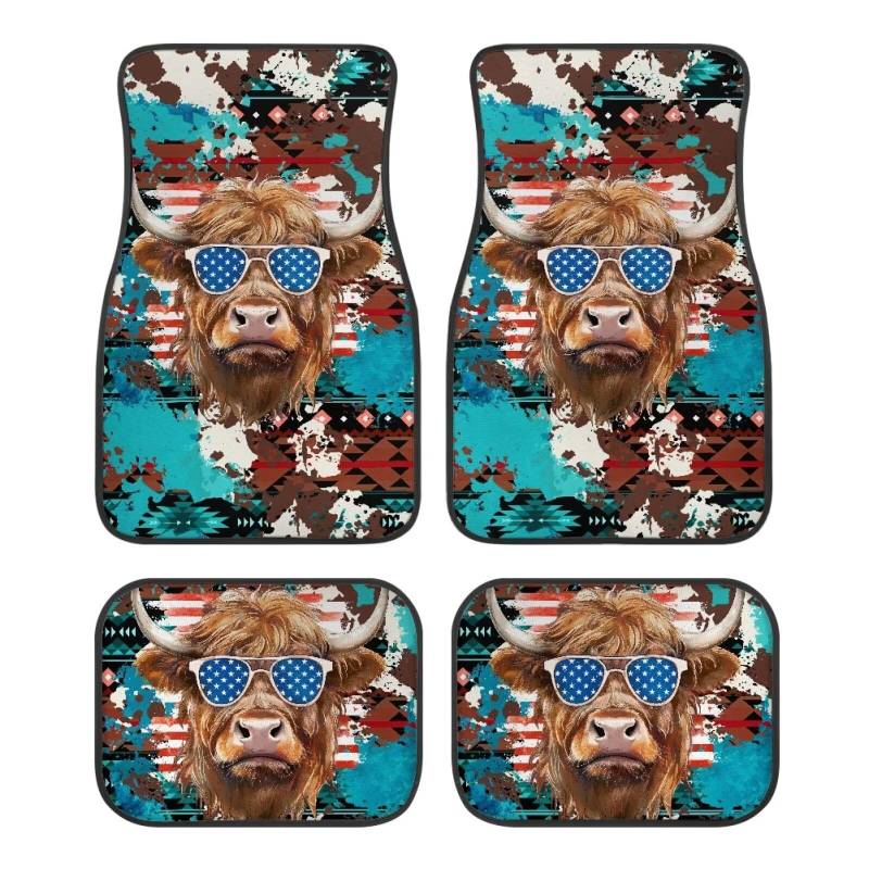 ZIATUBLES Aztec Tribal Highland Cow Print Auto Fußmatten Anti Rutsch Teppich Fußmatten für Vorne und Hinten Komplette Sets Schmutzabweisende Allwettermatten Universal Fit Meisten Auto Limousine SUV von ZIATUBLES