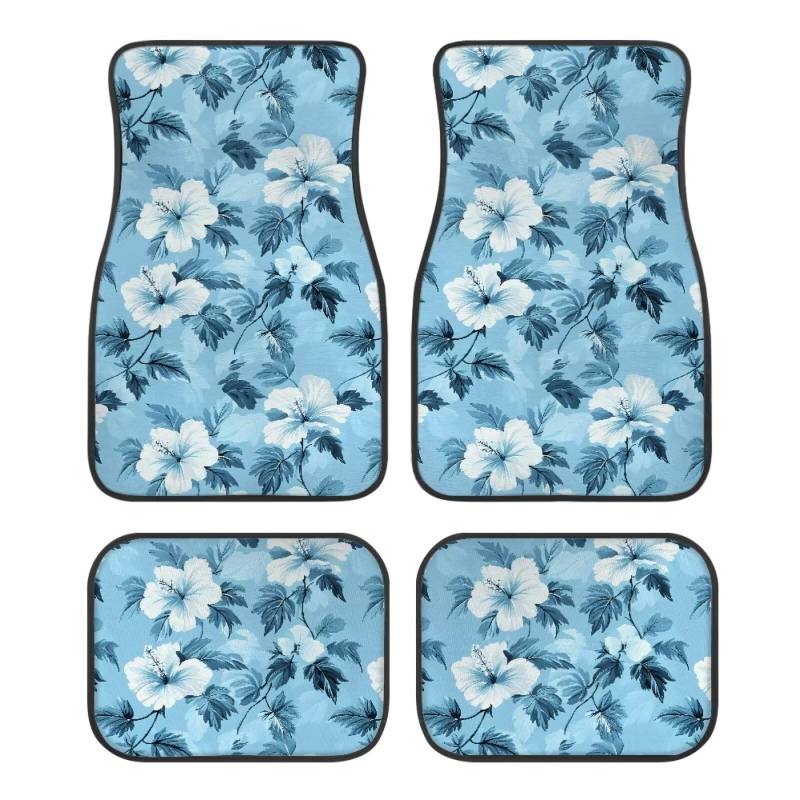 ZIATUBLES Blue Hibiscus Flower Print Auto Fußmatten Vorne & Hinten Liner Set Anti-Rutsch Auto Teppich Universal Fit Auto Innendekoration Fußmatten Set von 4 für SUVs Autozubehör von ZIATUBLES