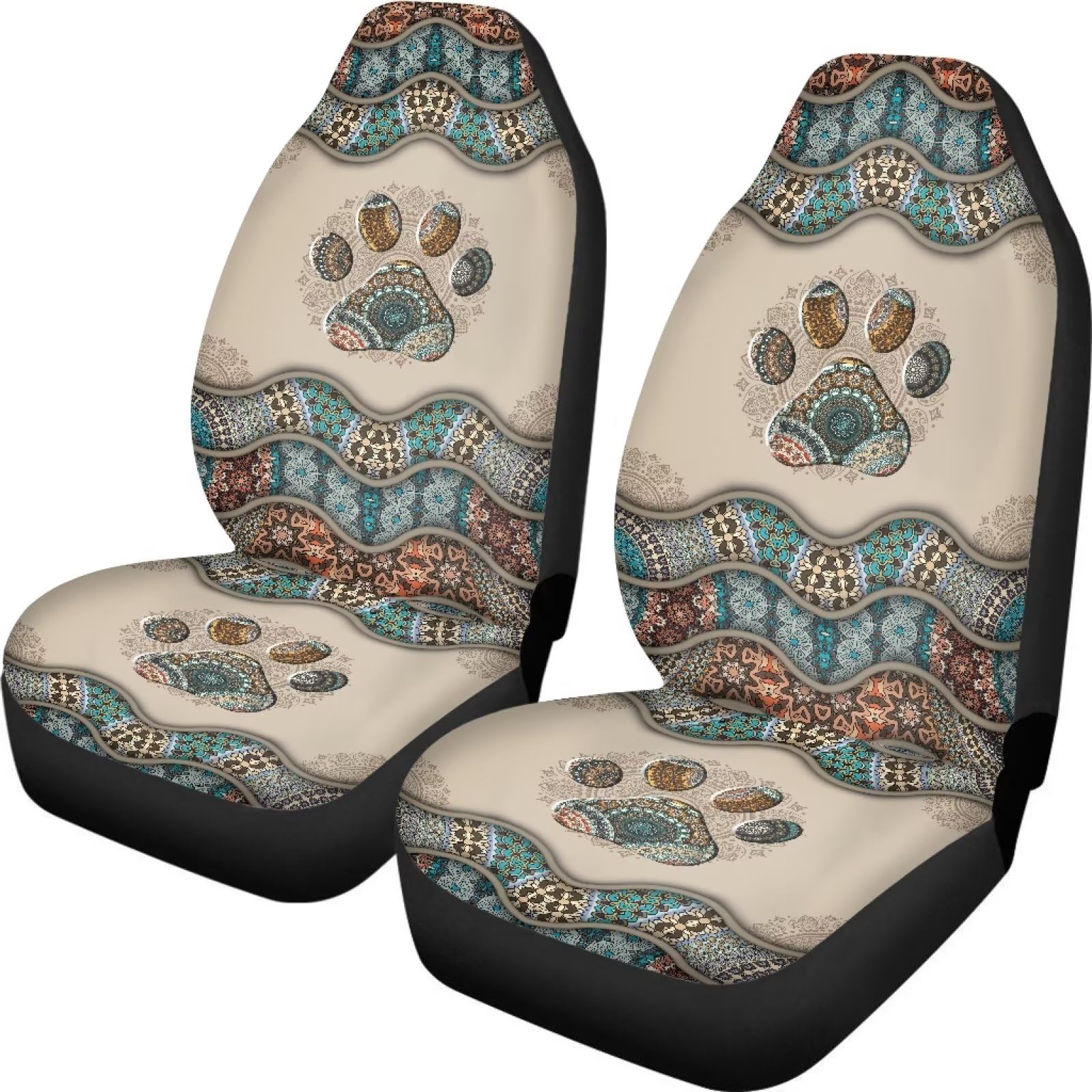 ZIATUBLES Boho Hund Pfote Druck Auto Sitzbezüge, Eimer Sitzschutz Satteldecke 2 Pcs Universal Auto Vordersitzbezüge Pads Satteldecke von ZIATUBLES