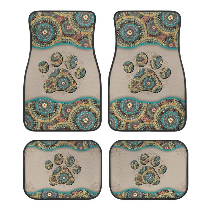 ZIATUBLES Boho Mandala Hund Pfotenabdruck Auto Fußmatten 4 Stück Fahrzeug Innenraum Teppich Automobilzubehör Rutschfest Auto Bodenschutz Teppiche Universal Fit Die Meisten SUVs Limousine Trucks von ZIATUBLES