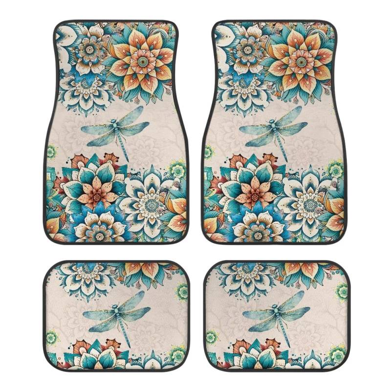 ZIATUBLES Boho Mandala Libelle Druck Auto Fußmatten Vorne & Hinten Liner Set Anti-Rutsch Autoteppich Universal Fit Auto Innendekoration Fußmatten 4 Stück für SUV Limousine Auto von ZIATUBLES