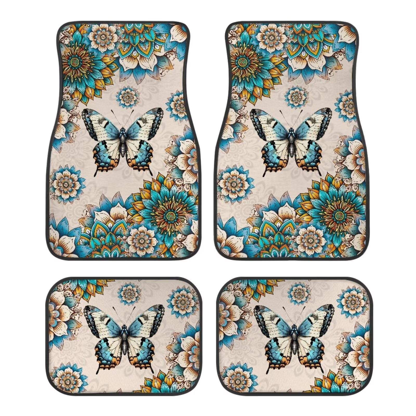 ZIATUBLES Boho Mandala Schmetterling Druck Auto Fußmatten 4 Stück Vorne Hinten Teppiche Matte Rutschfeste Dekorative Auto Boden Teppiche Teppiche Auto Zubehör für Auto SUV LKW Van Universal Fit von ZIATUBLES