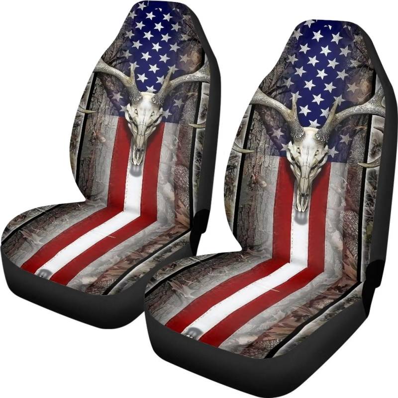 ZIATUBLES Camo USA Flagge Hirsch Druck Auto Sitzbezüge Set von 2 Universal Fahrzeug Eimer Sitzschoner Kissen Pads Dekorative Auto Vordersitzbezüge von ZIATUBLES