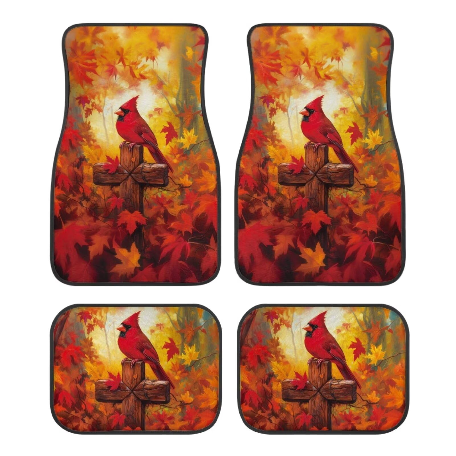 ZIATUBLES Cardinal Bird Cross Maple Leaf Print Auto Fußmatten 4er Set Vorne Hinten Teppiche Matte Auto Boden Teppiche Teppiche Auto Zubehör Anti-Rutsch Dekorativ für Auto SUV LKW Van Universal Fit von ZIATUBLES