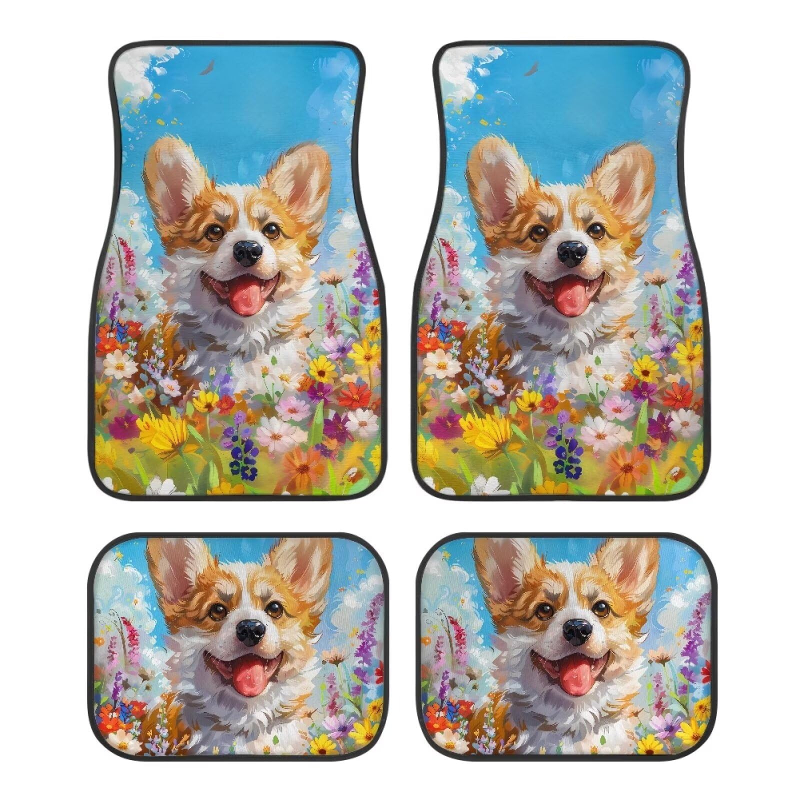 ZIATUBLES Daisy Flower Corgi Dog Print Auto Fußmatten Vollständige Sets von 4 Schmutzabweisende Teppichmatten Autoteppiche Automobilzubehör Auto Bodenschutz Universal Fit SUVs Limousine LKW von ZIATUBLES