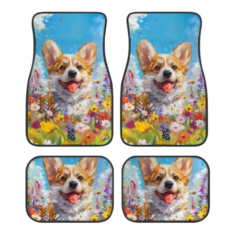 ZIATUBLES Daisy Flower Corgi Dog Print Auto Fußmatten Vollständige Sets von 4 Schmutzabweisende Teppichmatten Autoteppiche Automobilzubehör Auto Bodenschutz Universal Fit SUVs Limousine LKW von ZIATUBLES