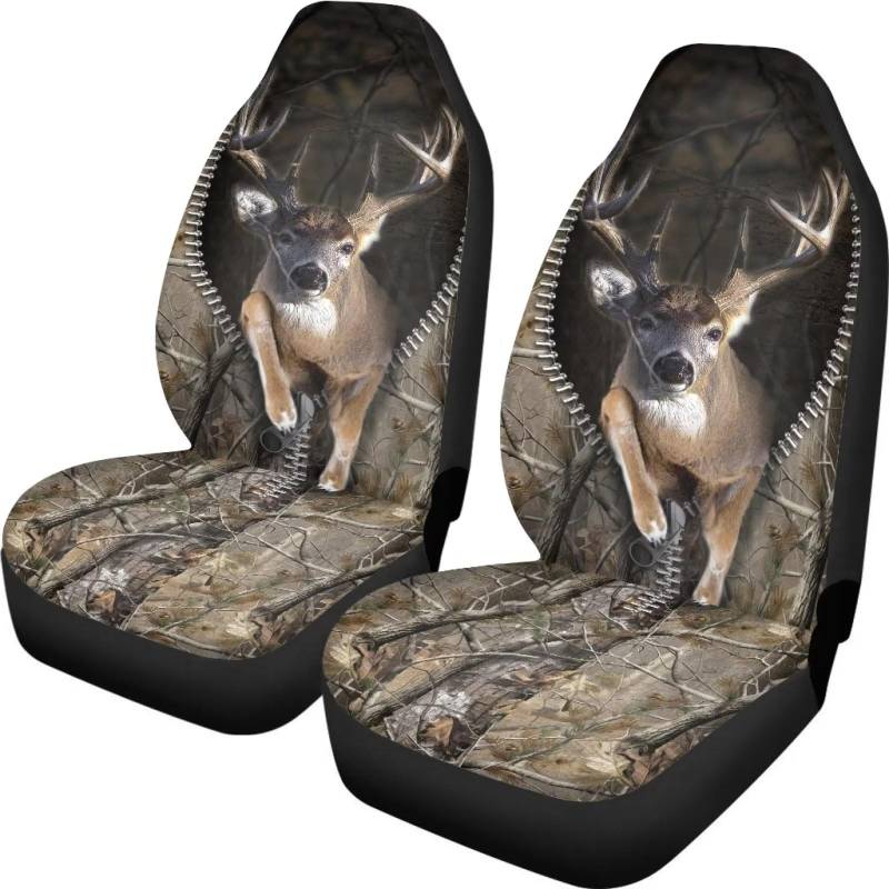 ZIATUBLES Forest Camo Hirsch Elch Print Auto Sitzbezüge Set 2 Stück, Auto Innenraum Zubehör Set für Damen Herren Universal Fahrzeug Eimer Sitzbezug Protector von ZIATUBLES