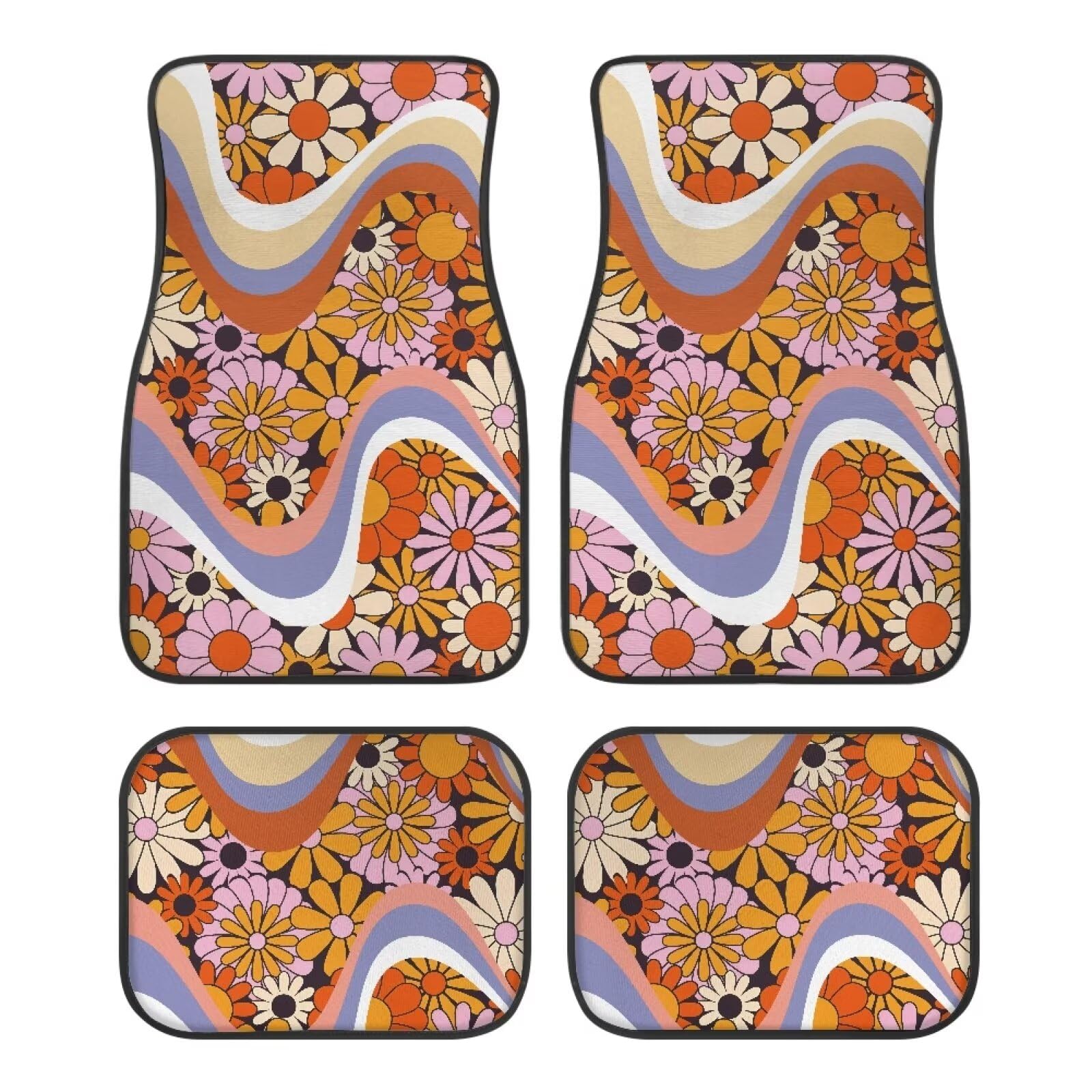 ZIATUBLES Groovy Hippie Flower Print Auto Fußmatten vorne und hinten Teppich 4 Stück Automotive Innendekoration Anti-Slp Automatten Komplettset Universal Fit Limousine SUV LKW von ZIATUBLES