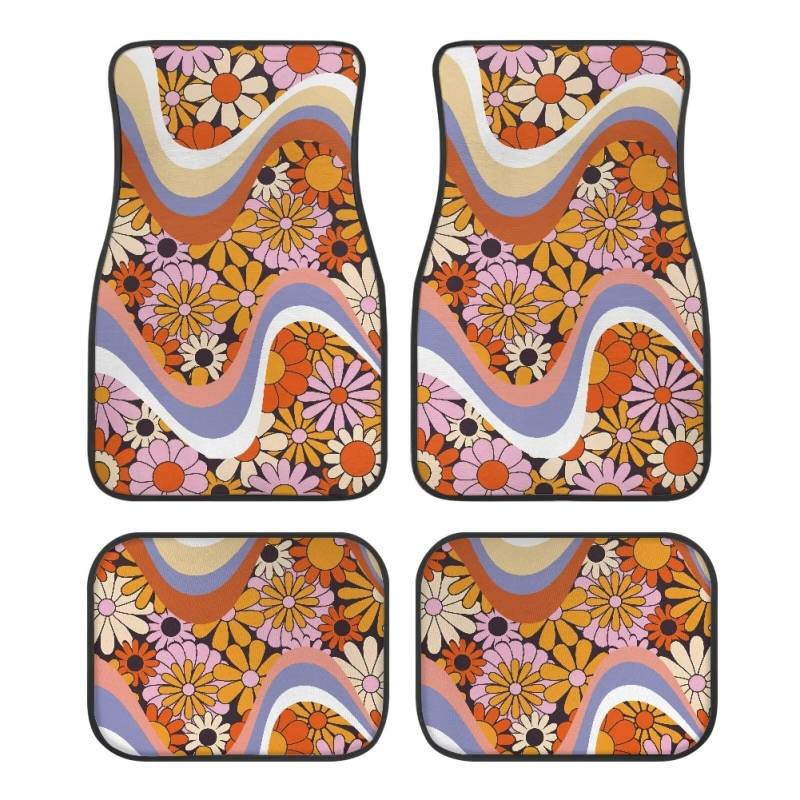 ZIATUBLES Groovy Hippie Flower Print Auto Fußmatten vorne und hinten Teppich 4 Stück Automotive Innendekoration Anti-Slp Automatten Komplettset Universal Fit Limousine SUV LKW von ZIATUBLES