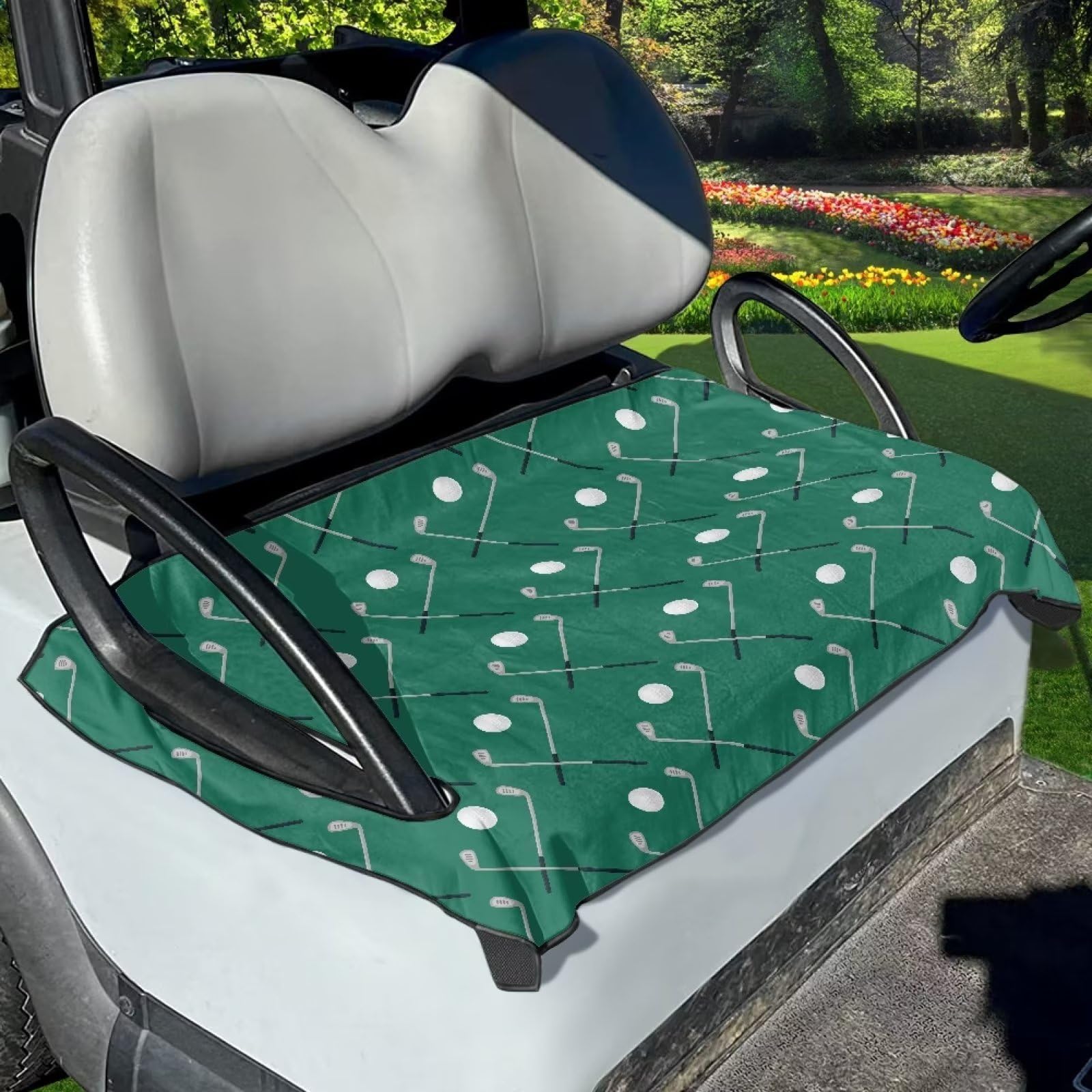 ZIATUBLES Grüne Golfschläger-Bälle Muster Golf Auto Sitzbezüge, Golf Cart Zubehör Universal Fit 2 Personen Golf Cart Sitzdecke, Sommer Golf Cart Sitztuch, Super Weich von ZIATUBLES