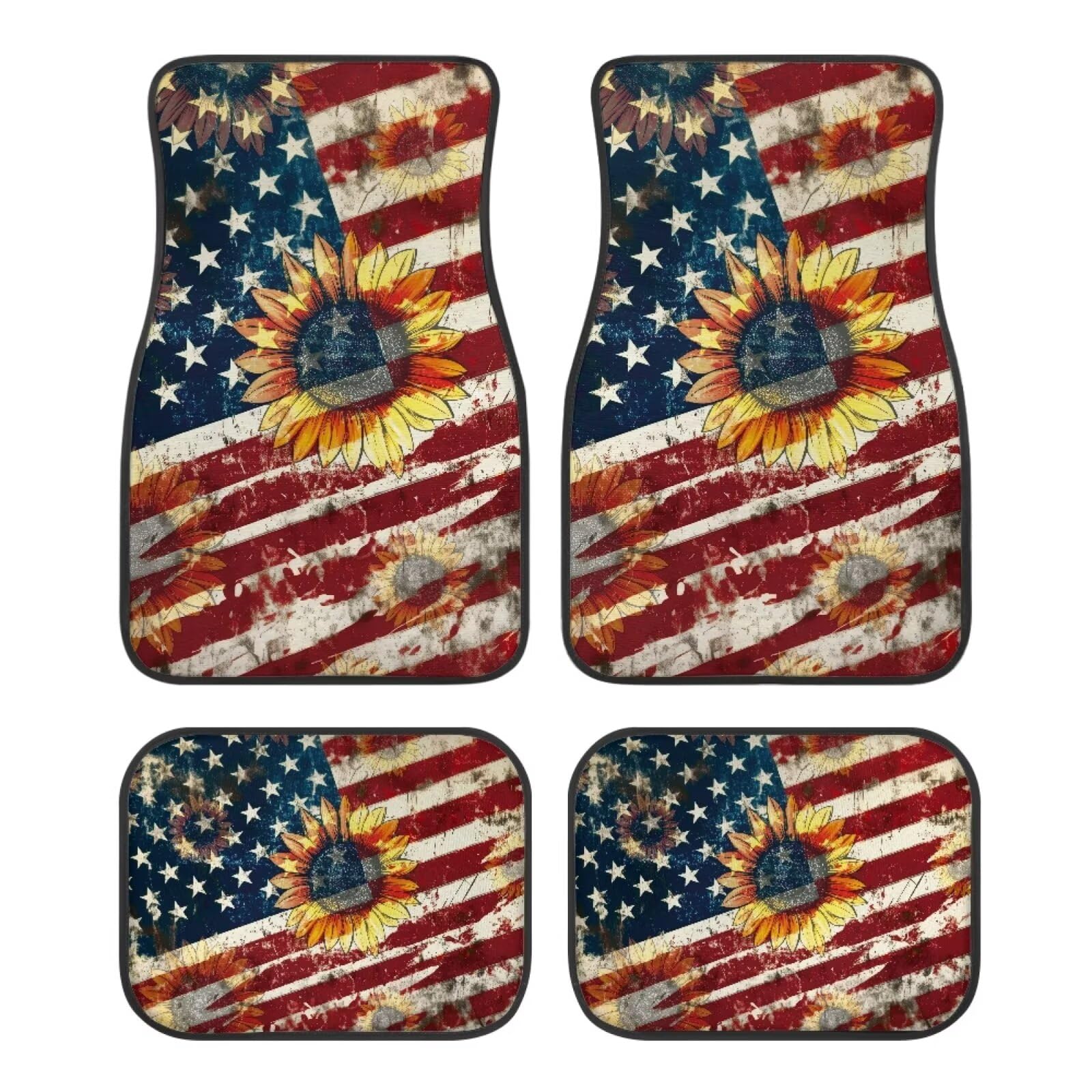 ZIATUBLES Grunge American Flag Sunflower Print Auto Fußmatten vorne & hinten Liner Set Anti-Rutsch Autoteppich Universal Fit Auto Innendekoration Fußmatten Set von 4 Stück für SUVs Limousine Auto von ZIATUBLES