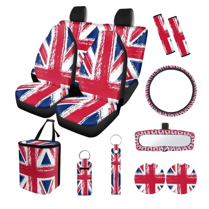 ZIATUBLES Grunge UK Flag Print 13-teiliges Auto-Innen-Sitzbezüge, komplettes Set mit Lenkradbezug, Sicherheitsgurtpolster, Mülleimer, Rückspiegel-Abdeckung, Untersetzer, PU, Schlüsselanhänger, von ZIATUBLES