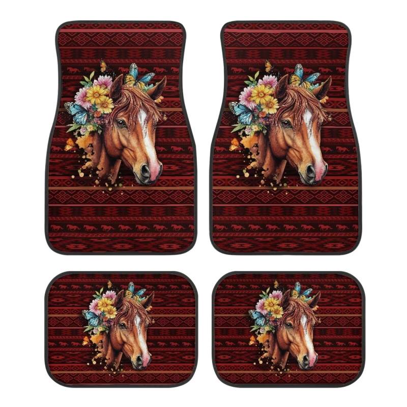 ZIATUBLES Red Tribal Floral Horse Print Auto Fußmatten Set von 4 Stück vorne hinten Teppiche Matte rutschfeste dekorative Auto Boden Teppiche Teppiche Autozubehör für Auto SUV LKW Van Universal Fit von ZIATUBLES