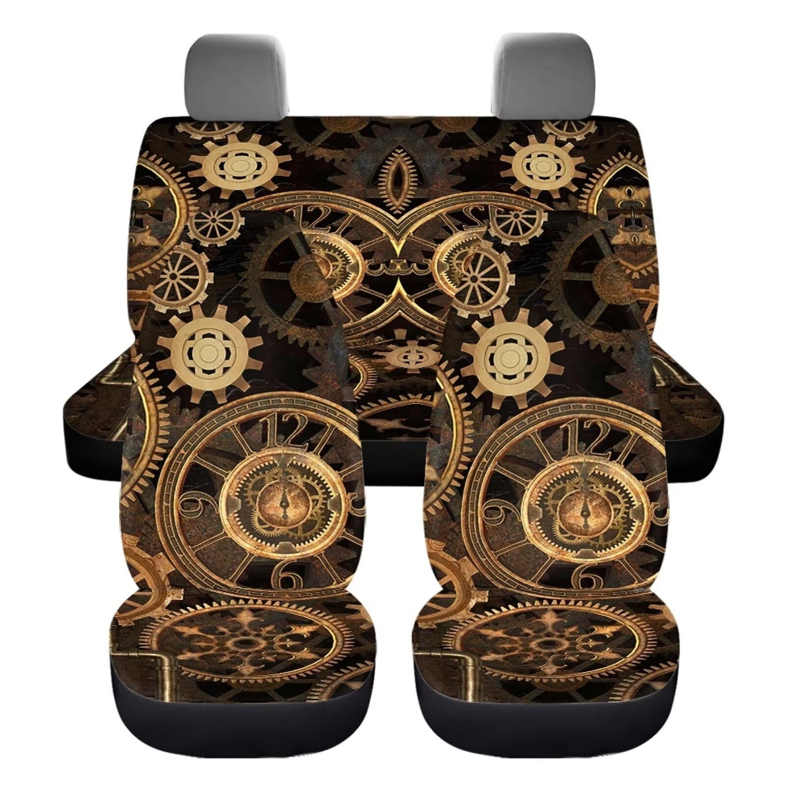 ZIATUBLES Retro Clock Gear Steampunk Print Autositzbezüge für Vorder- und Rücksitzschoner Split Bench Cover Auto Zubehör 4 Stück Fahrzeug Haustiere Hund Sitzschutz Universal Fit von ZIATUBLES