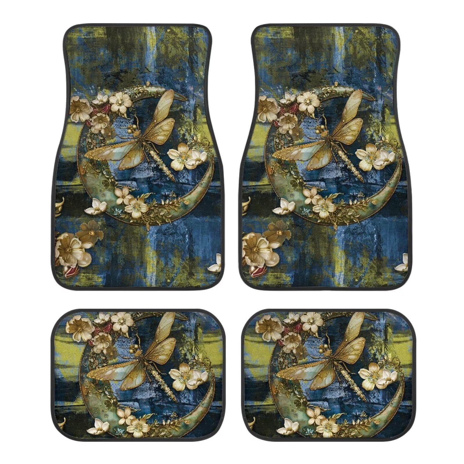 ZIATUBLES Retro Floral Libelle Ölgemälde Druck Auto Fußmatten vorne & hinten Liner Set Anti-Rutsch Autoteppich Universal Fit Auto Innendekoration Fußmatten Set von 4 Stück für SUVs Limousine Auto von ZIATUBLES