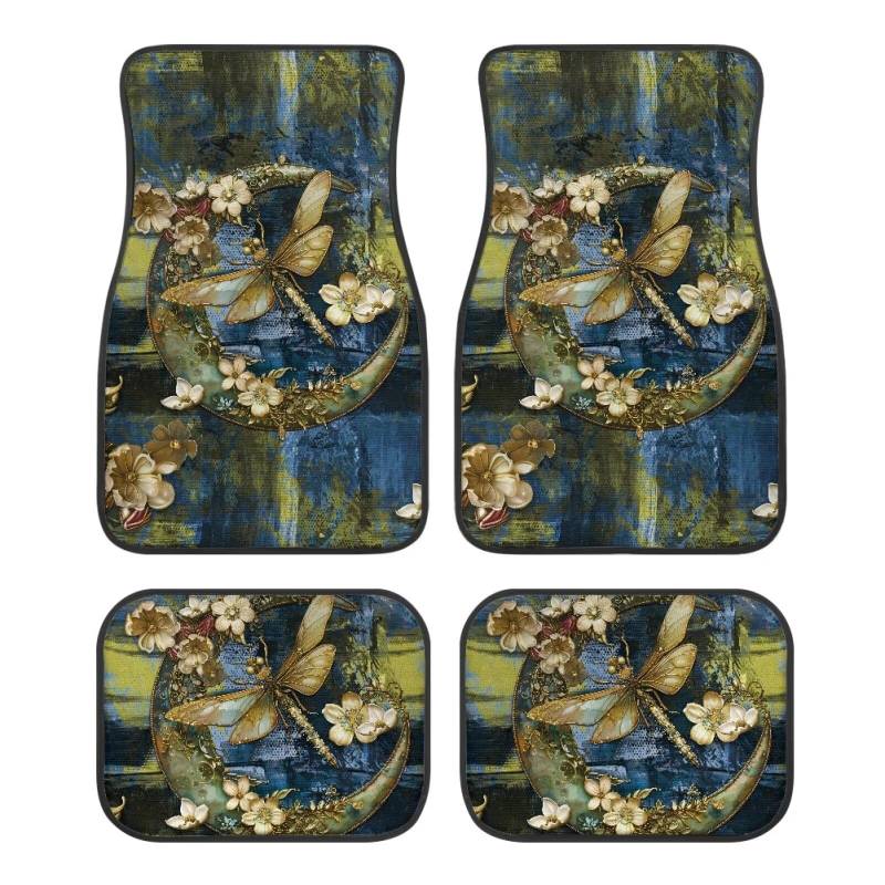 ZIATUBLES Retro Floral Libelle Ölgemälde Druck Auto Fußmatten vorne & hinten Liner Set Anti-Rutsch Autoteppich Universal Fit Auto Innendekoration Fußmatten Set von 4 Stück für SUVs Limousine Auto von ZIATUBLES