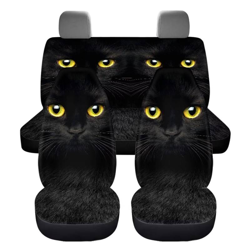 ZIATUBLES Schwarze Katze Druck Autositzbezüge + Rücksitzbezug + Rückbank Sitzschoner Full Set, 4 Stück Auto Sitzbezüge Auto Zubehör Universal Fit von ZIATUBLES