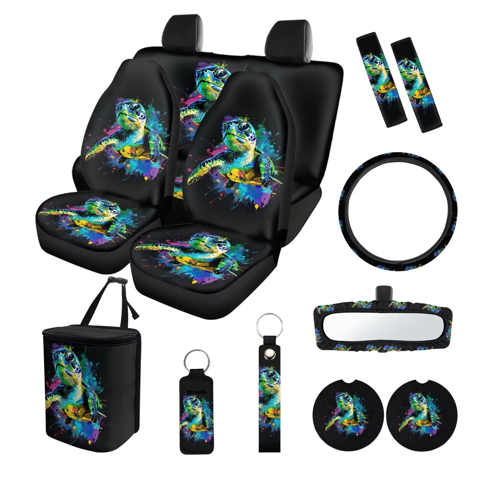 ZIATUBLES Splatter Sea Turtle Print Auto Inteiror Set Sitzbezüge mit Lenkradbezug, Sicherheitsgurtpolster, Mülleimer, Rückspiegelabdeckung, Untersetzer, Schlüsselanhänger, Lippenstift-Abdeckung, von ZIATUBLES