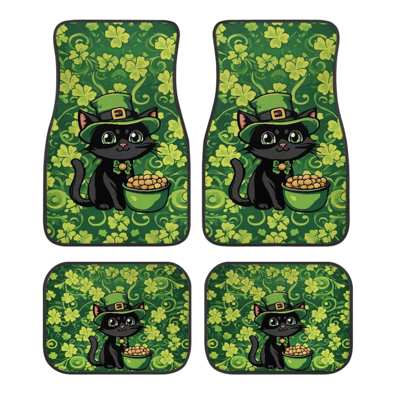 ZIATUBLES St.Patrick Fussmatten mit Kleeblatt-Motiv, schwarze Katze, komplettes Set, 2 vordere und 2 hintere Teppichmatten, Autoteppiche, Automobilzubehör, Auto-Bodenschutz, universelle Passform, von ZIATUBLES