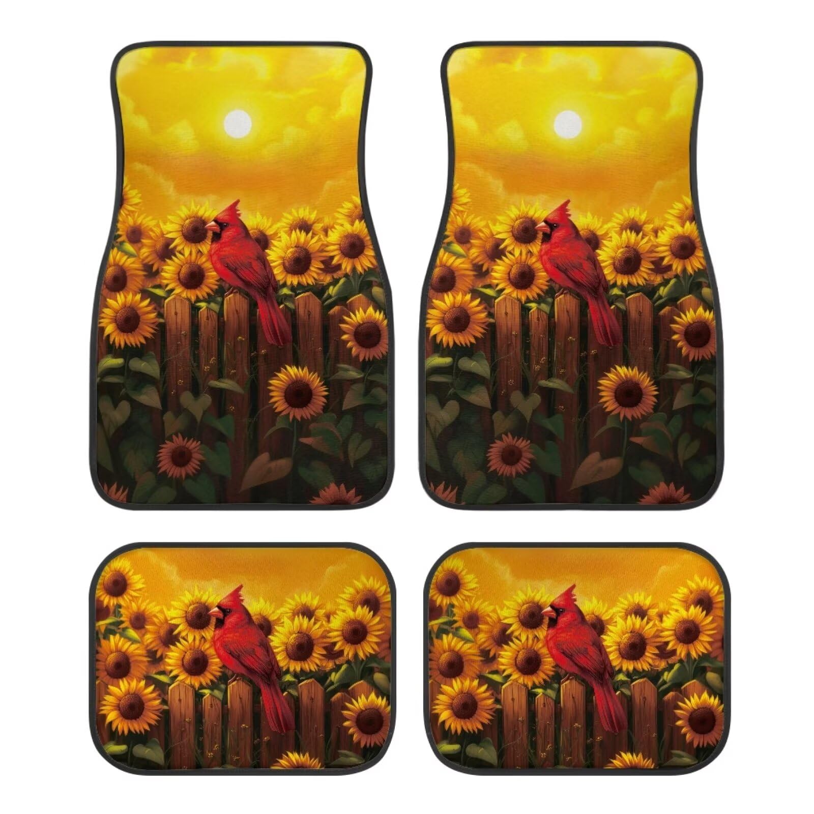 ZIATUBLES Sunflower Cardinal Bird Print Auto Fußmatten Vollständiger Satz von 4 Stück Vorne Hinten Teppiche Matte Rutschfeste Dekorative Auto Boden Teppiche Teppiche Auto Zubehör für Auto SUV LKW Van von ZIATUBLES