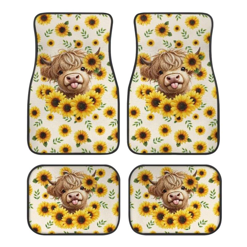 ZIATUBLES Sunflower Highland Cow Print Auto Fußmatten 4 Stück Vorne Hinten Teppiche Matte Rutschfeste Dekorative Auto Boden Teppiche Teppiche Auto Zubehör für Auto SUV LKW Van Universal Fit von ZIATUBLES