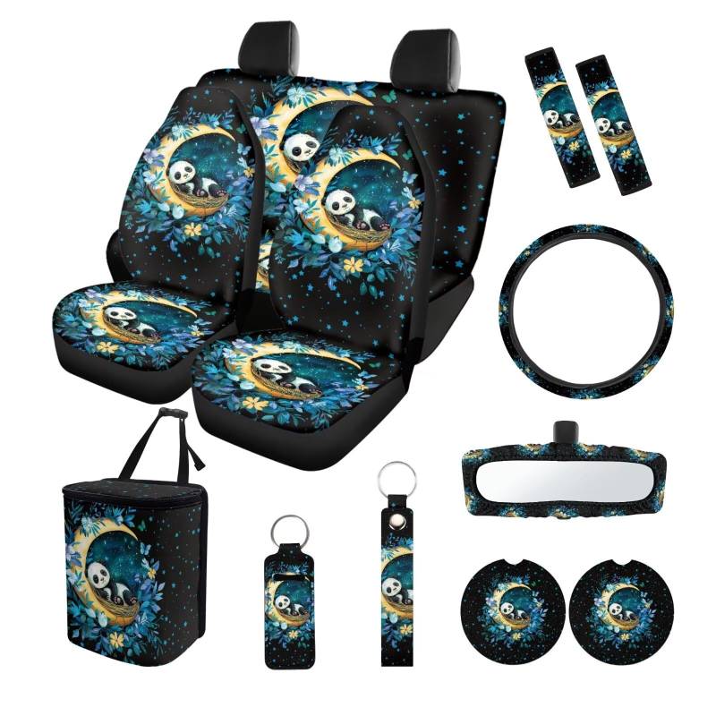 ZIATUBLES Vintage Blau Floral Panda Mond Print 13-teiliges Auto Inteiror Set Sitzbezüge Lenkradbezug Sicherheitsgurtpolster Mülleimer Rückspiegel Abdeckung Untersetzer PU Schlüsselanhänger Lippenstift von ZIATUBLES