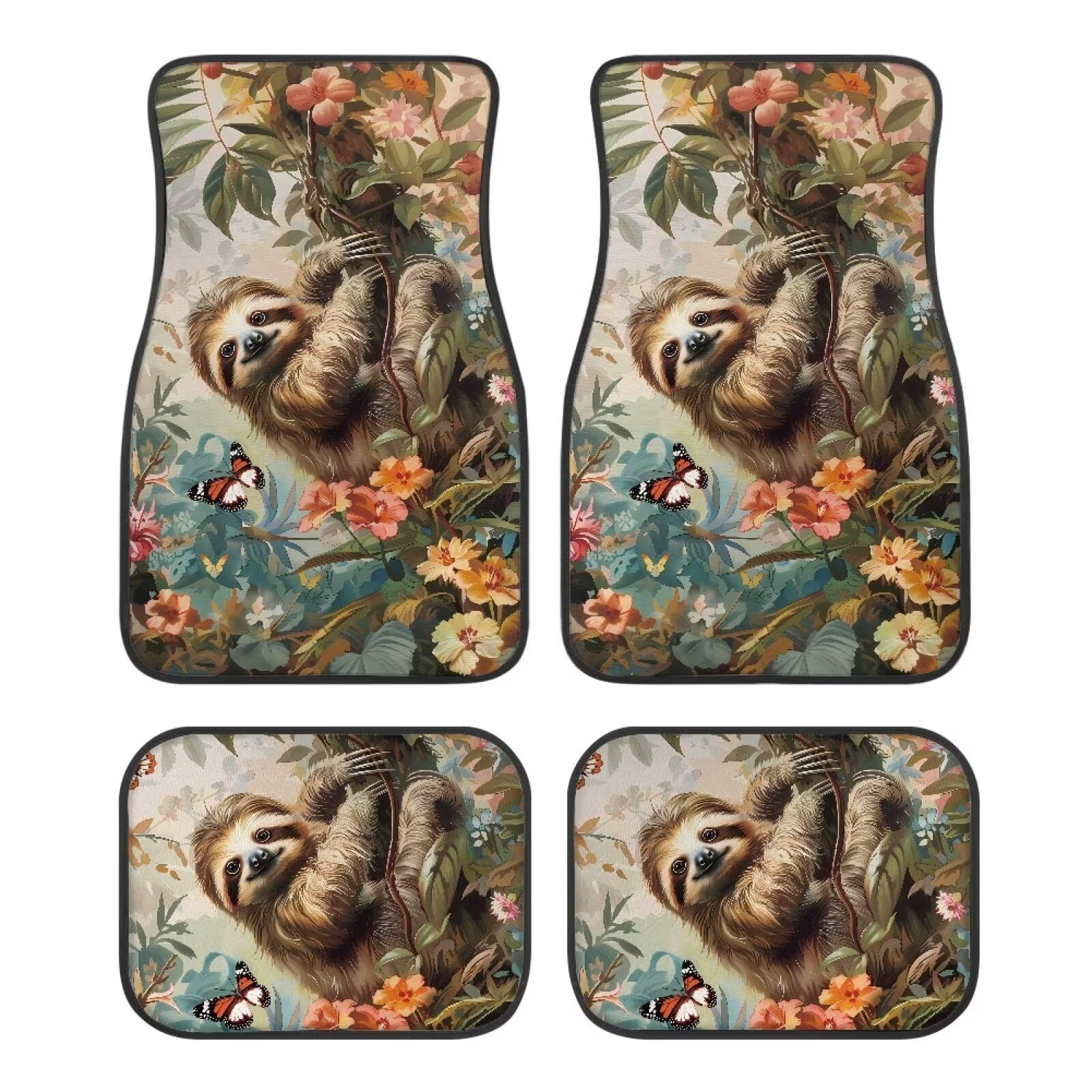 ZIATUBLES Vintage Floral Faultier Schmetterling Druck Auto Fußmatten Set von 4 Stück vorne hinten Teppiche Matte rutschfeste dekorative Auto Boden Teppiche Teppiche Auto Zubehör für Auto SUV LKW Van von ZIATUBLES