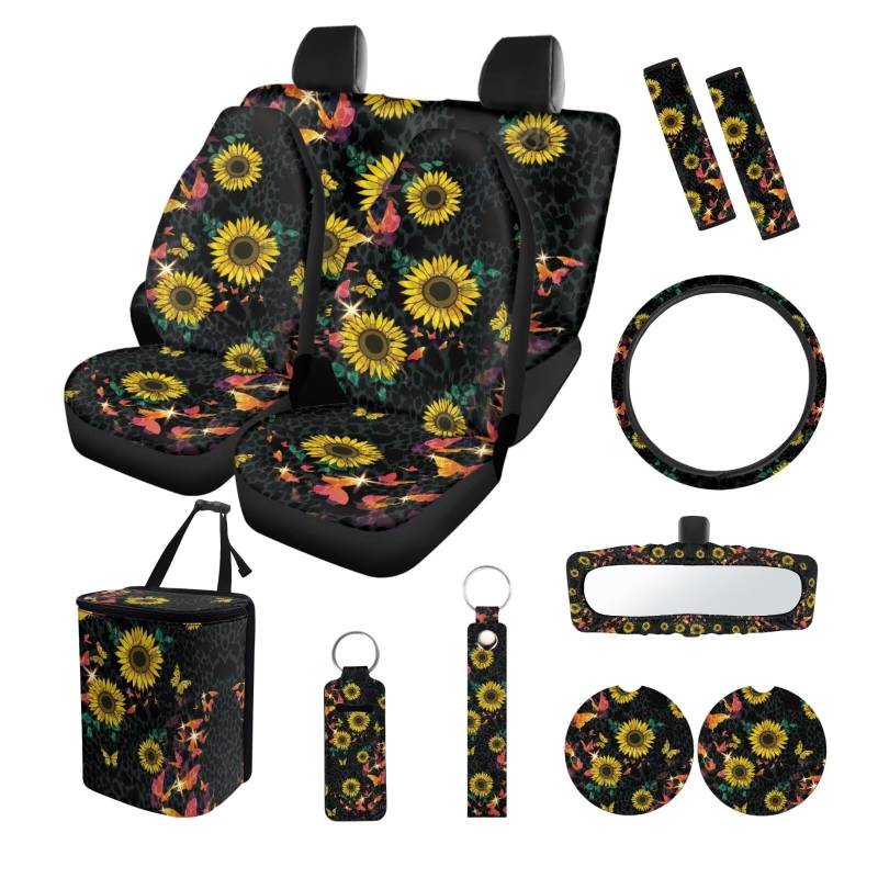 ZIATUBLES Vintage Sonnenblume Schmetterling Druck 13-teiliges Auto-Innendekor-Set Sitzbezüge mit Lenkradbezug Sicherheitsgurt-Pads Mülleimer Rückspiegel Abdeckung Untersetzer Schlüsselanhänger von ZIATUBLES