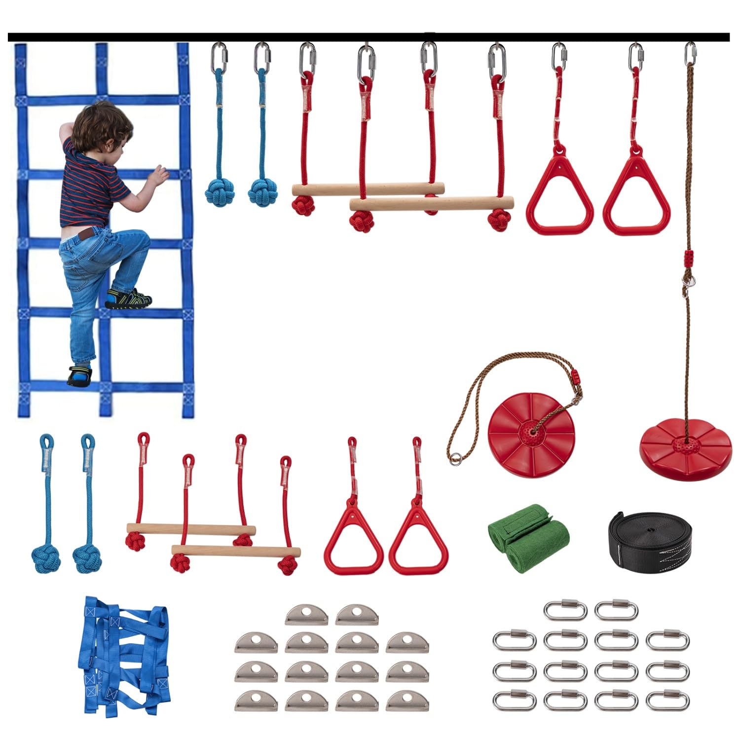 15M Ninja Warrior Hindernisparcours für Kinder (8 Hindernisse), Langlebiges Ninja Slackline Kit mit 8 kompletten Zubehörteilen, Spielgerät mit Schaukel, Kletternetz, Leiter & Monkey Bars von ZIKEBTUY