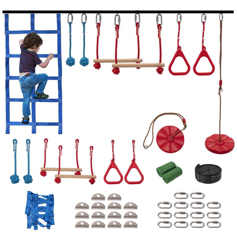 15M Ninja Warrior Hindernisparcours für Kinder (8 Hindernisse), Langlebiges Ninja Slackline Kit mit 8 kompletten Zubehörteilen, Spielgerät mit Schaukel, Kletternetz, Leiter & Monkey Bars von ZIKEBTUY