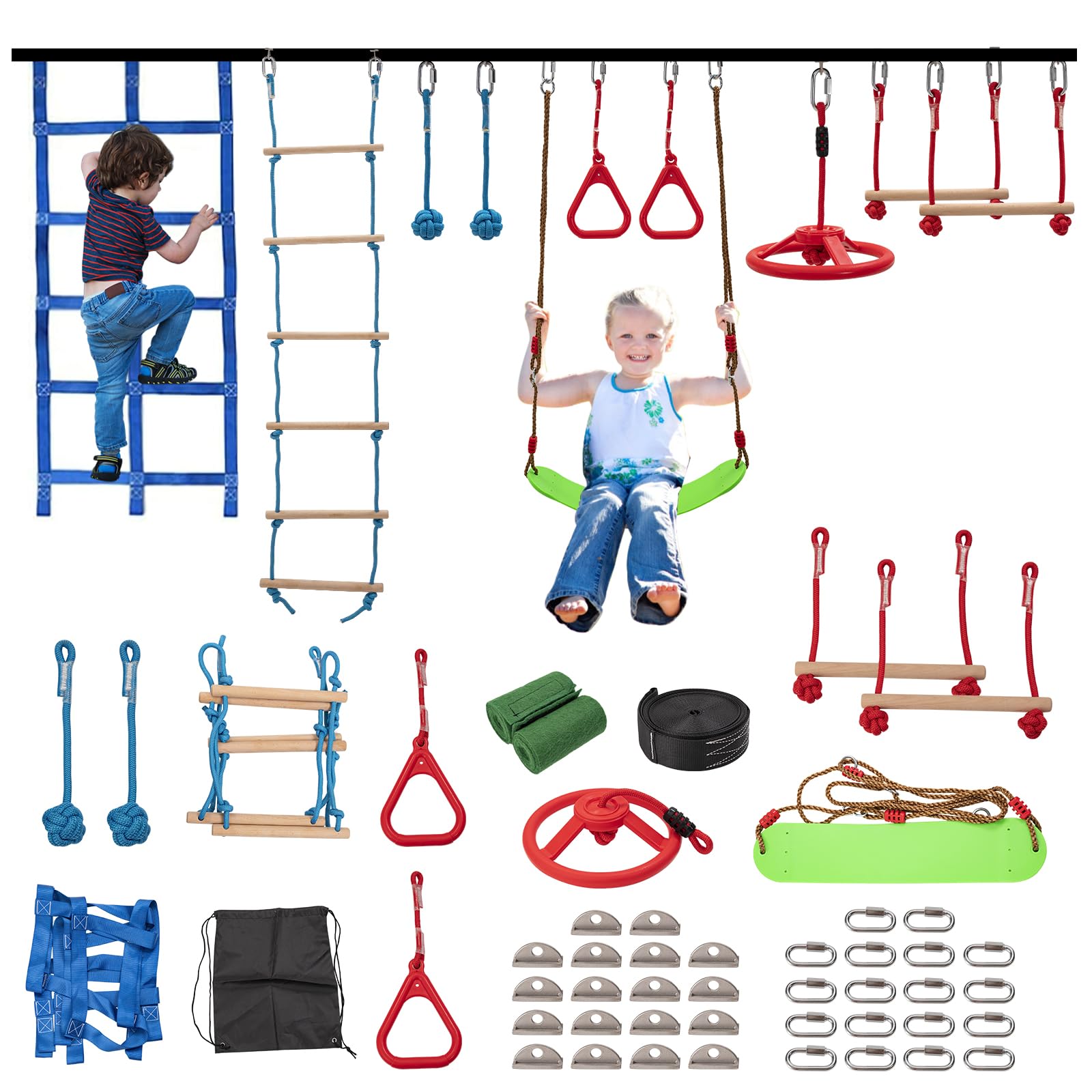 18M Ninja Warrior Hindernisparcours (10 Hindernisse), Ninja Slackline Kit für Kinder, langlebige Spielgeräte mit 10 kompletten Set-Affenstangen, Schaukel, Kletterleiter & Netz von ZIKEBTUY