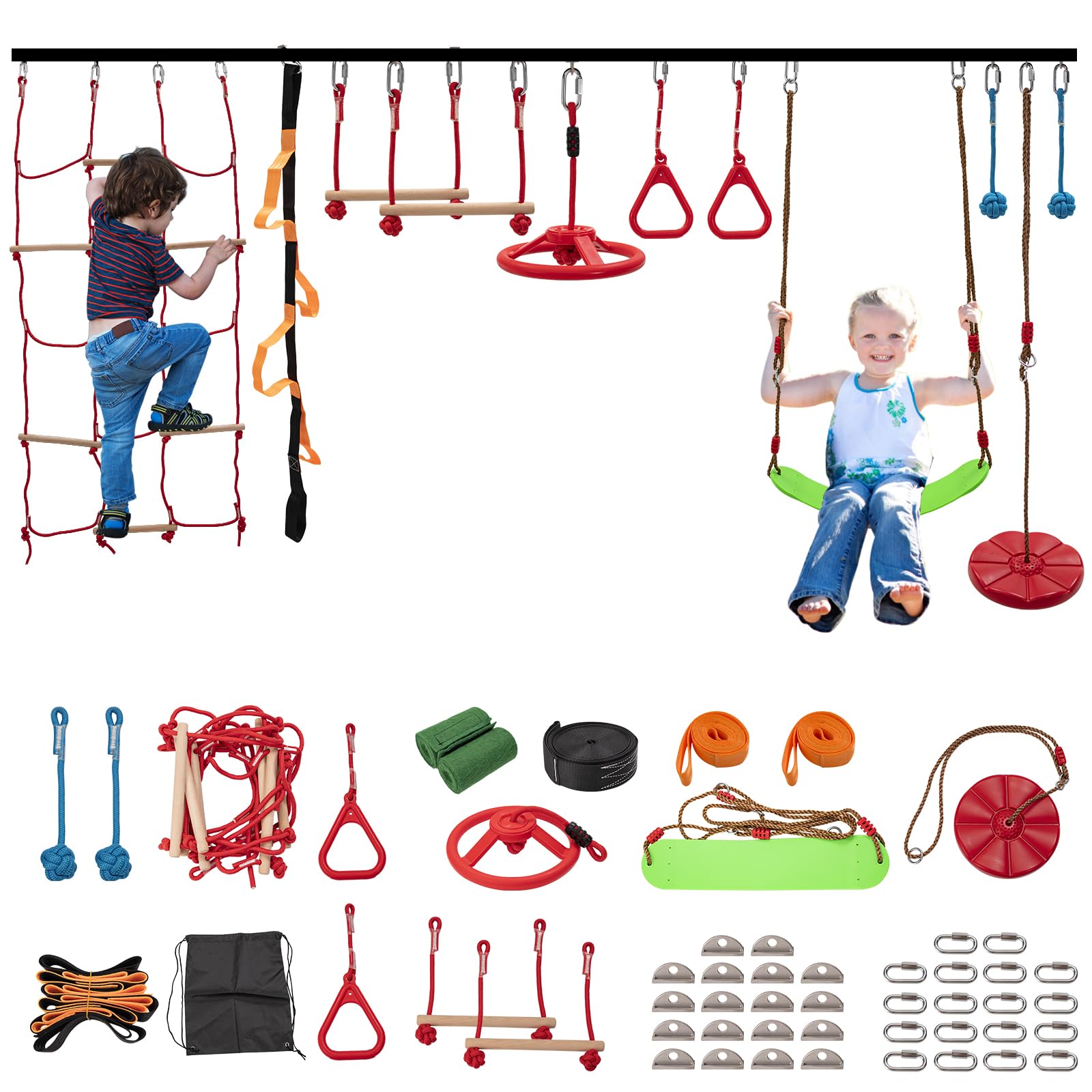 18M Ninja Warrior Hindernisparcours (13 Hindernisse), Ninja Slackline Kit für Kinder, langlebige Spielgeräte mit 13 Komplett-Set-Affenstange, Schaukel, Balanciergurt, Kletterleiter & Netz von ZIKEBTUY