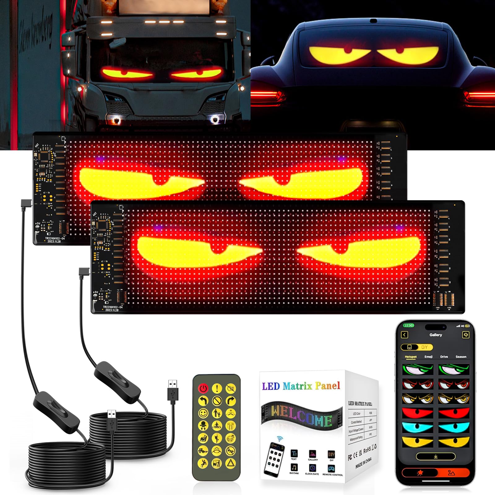 ZIMAOER LED Augen für Lkw, Teufelsaugen Lichter für Autos, Flexibles LED-Display, Großes Programmierbares LED Design für Auto, Lkw, Geschäft, DIY Dynamische LED Werbung (2er 10.2x34.8cm) von ZIMAOER