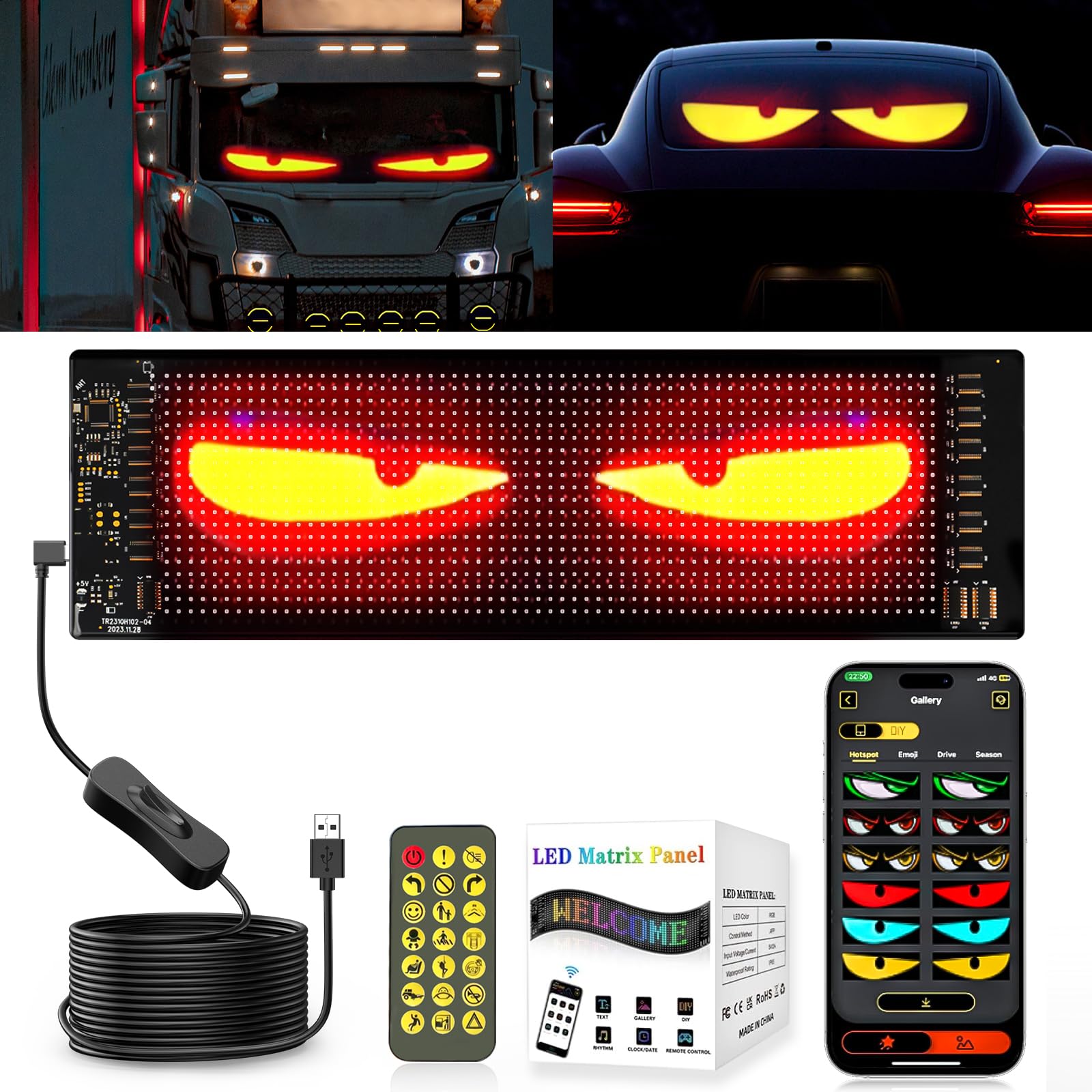 ZIMAOER LED Augen für LKW, Teufelsaugen Lichter für Autos, Flexibles LED-Display, Großes Programmierbares LED Design für Auto, LKW, Geschäft, DIY Dynamische LED Werbung (1er 10.2x34.8cm) von ZIMAOER