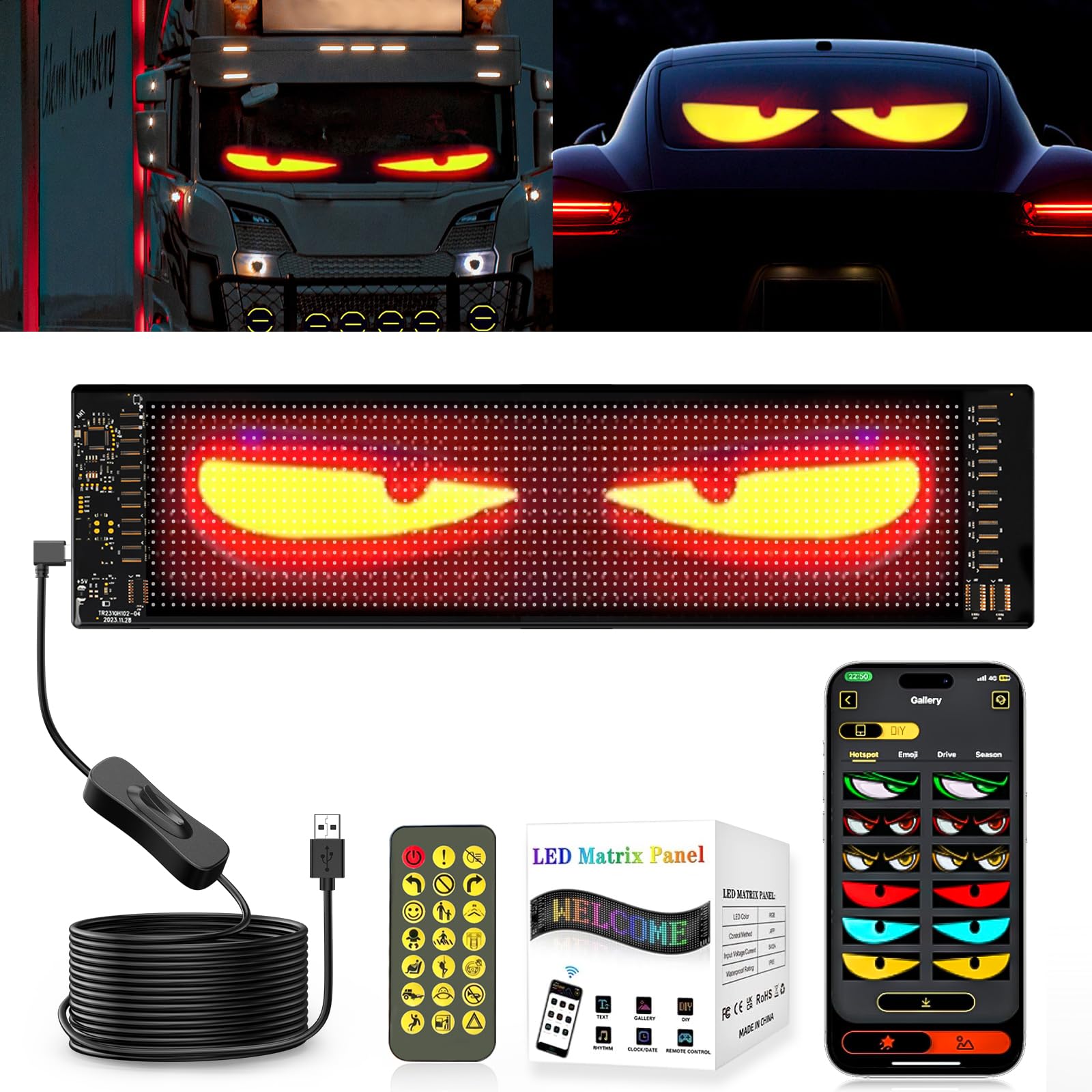 ZIMAOER LED Augen für LKW, Teufelsaugen Lichter für Autos, Flexibles LED-Display, Großes Programmierbares LED Design für Auto, LKW, Geschäft, DIY Dynamische LED Werbung (1er 7x17.3cm) von ZIMAOER