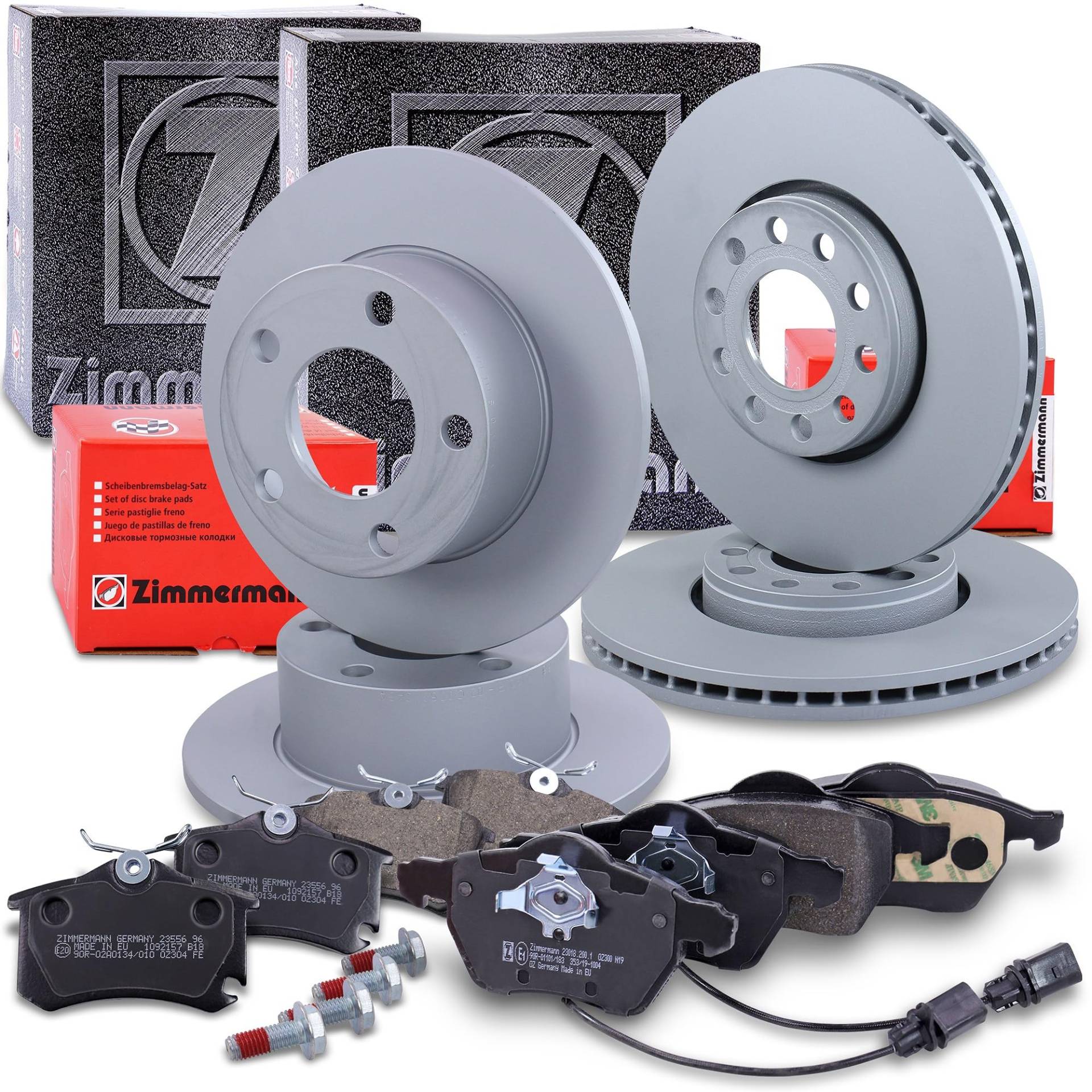 ZIMMERMANN Bremsenset inkl Bremsscheiben Vorne Belüftet Ø 288 mm + Hinten Voll Ø 245 mm und Bremsbeläge Vorne und Hinten Kompatibel mit SKODA SUPERB 1, VW PASSAT B5.5 (3B3), PASSAT B5.5 Variant (3B6) von ZIMMERMANN