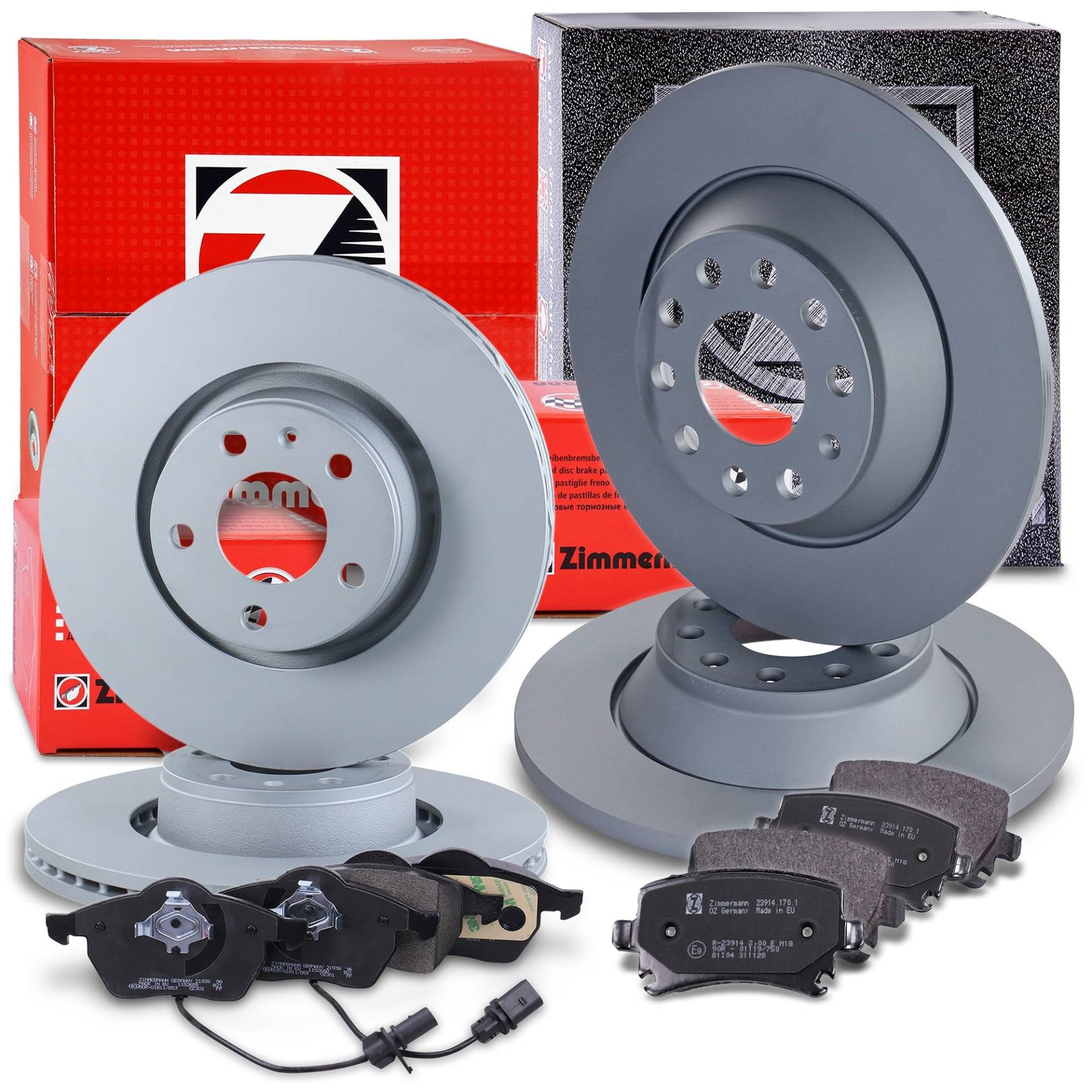 ZIMMERMANN Bremsenset inkl Bremsscheiben Vorne Belüftet Ø 314 mm + Hinten Voll Ø 302 mm und Bremsbeläge Vorne und Hinten + Veschleißkontakt Kompatibel mit AUDI A6 C6 (4F2), A6 C6 Avant (4F5) von ZIMMERMANN