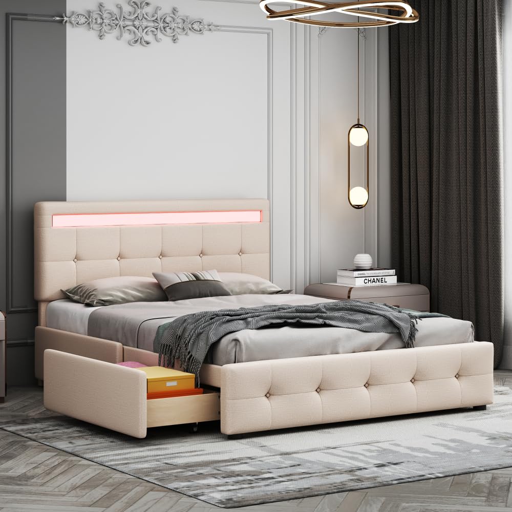 Polsterbett 140 x 200 cm mit LED, Lattenrost & Bettkasten auf Rollen,, Einzelbett mit Kopfteil & 4 Schubladen, hautfreudliches Leinen-Oberfläche Kinderbett Jugendbett Gästebett, beige (ohne Matratze) von ZJBFXY88