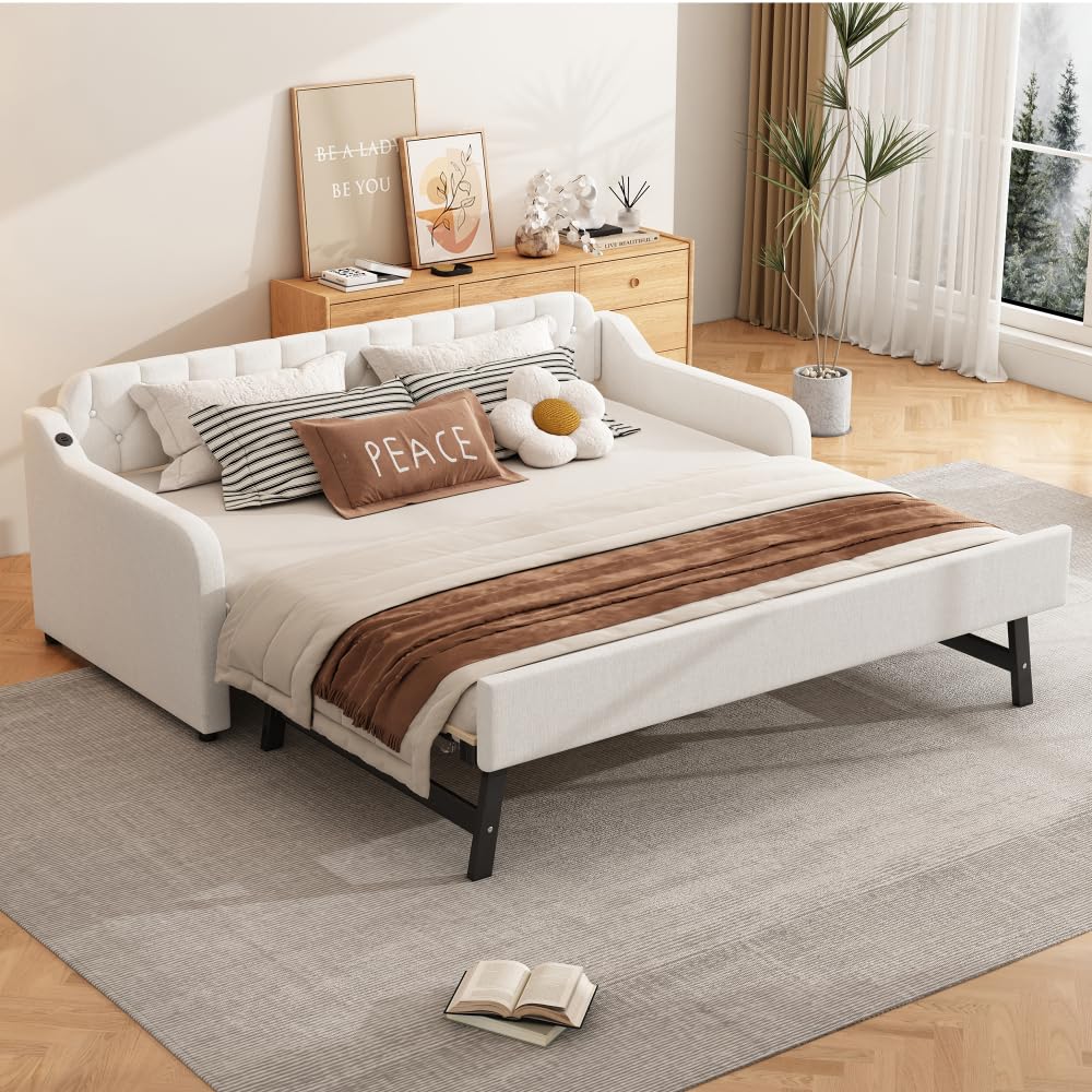 ZJBFXY88 90 * 200cm Schlafsofa, Tagesbett, mit ausziehbares Rollbett, USB-Anschluss, beige von ZJBFXY88